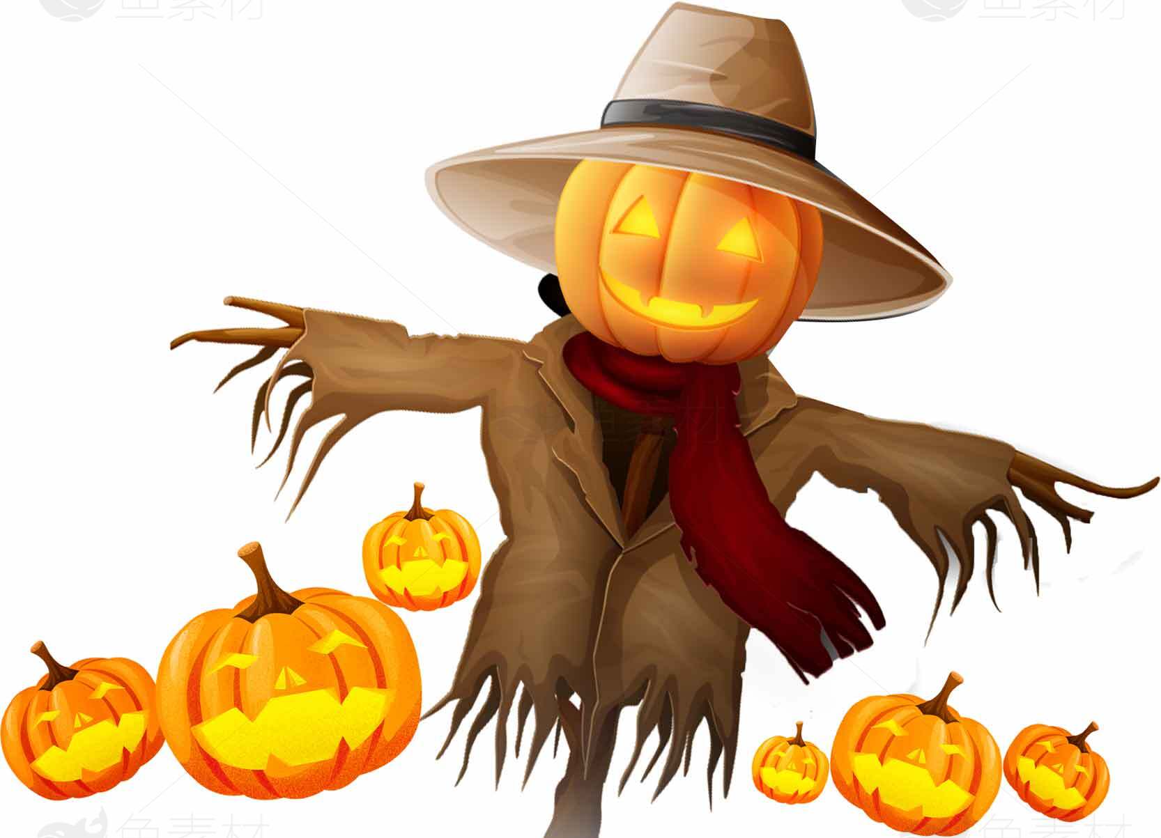 万圣节南瓜稻草人插画设计素材