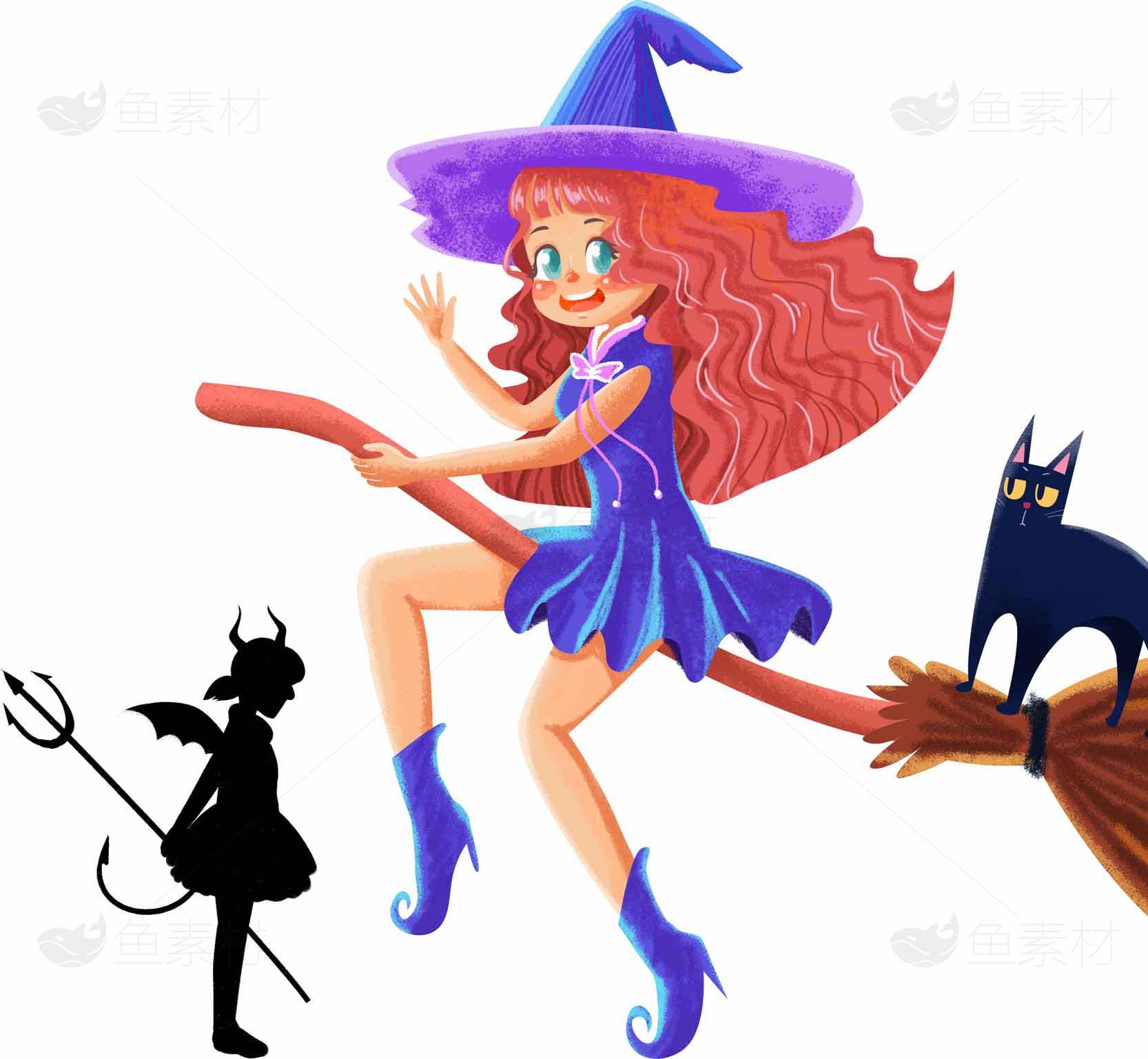 可爱女巫骑扫帚与黑猫插画素材