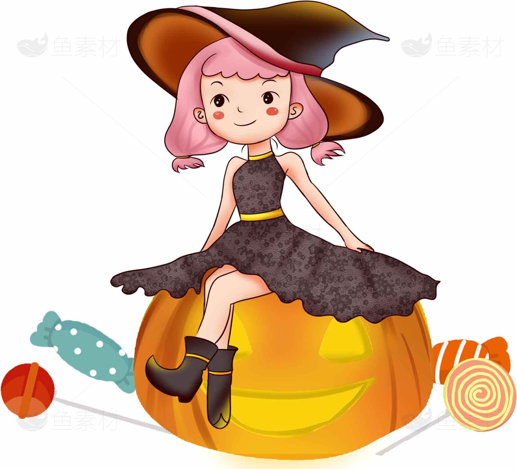 可爱女巫坐在南瓜上的万圣节插画素材