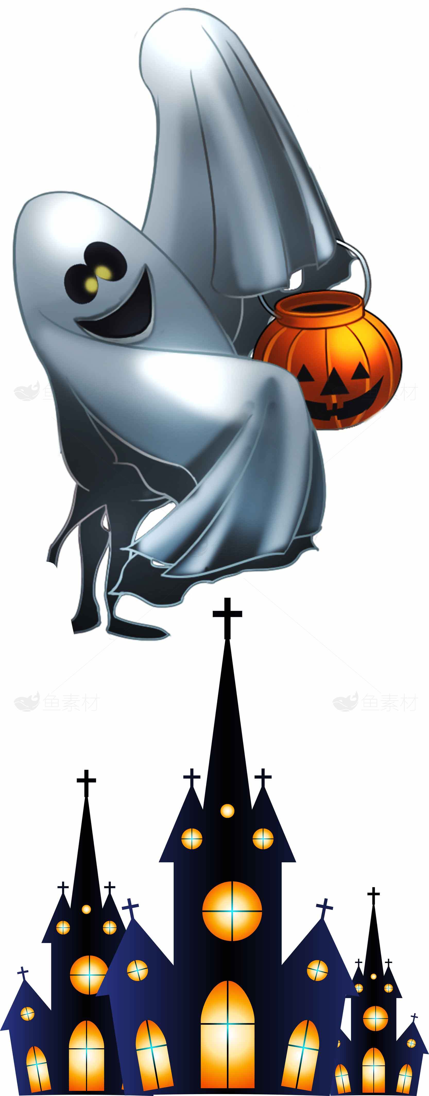 万圣节幽灵与南瓜灯教堂插画素材