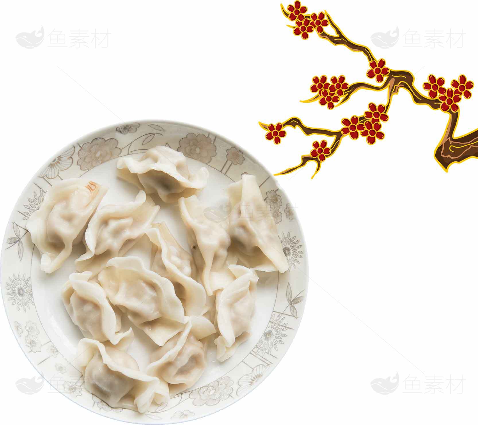 传统水饺与梅花装饰的中式美食艺术素材
