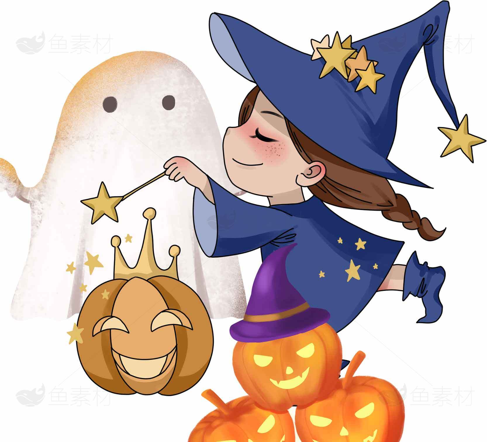 万圣节萌趣女巫与南瓜插画素材