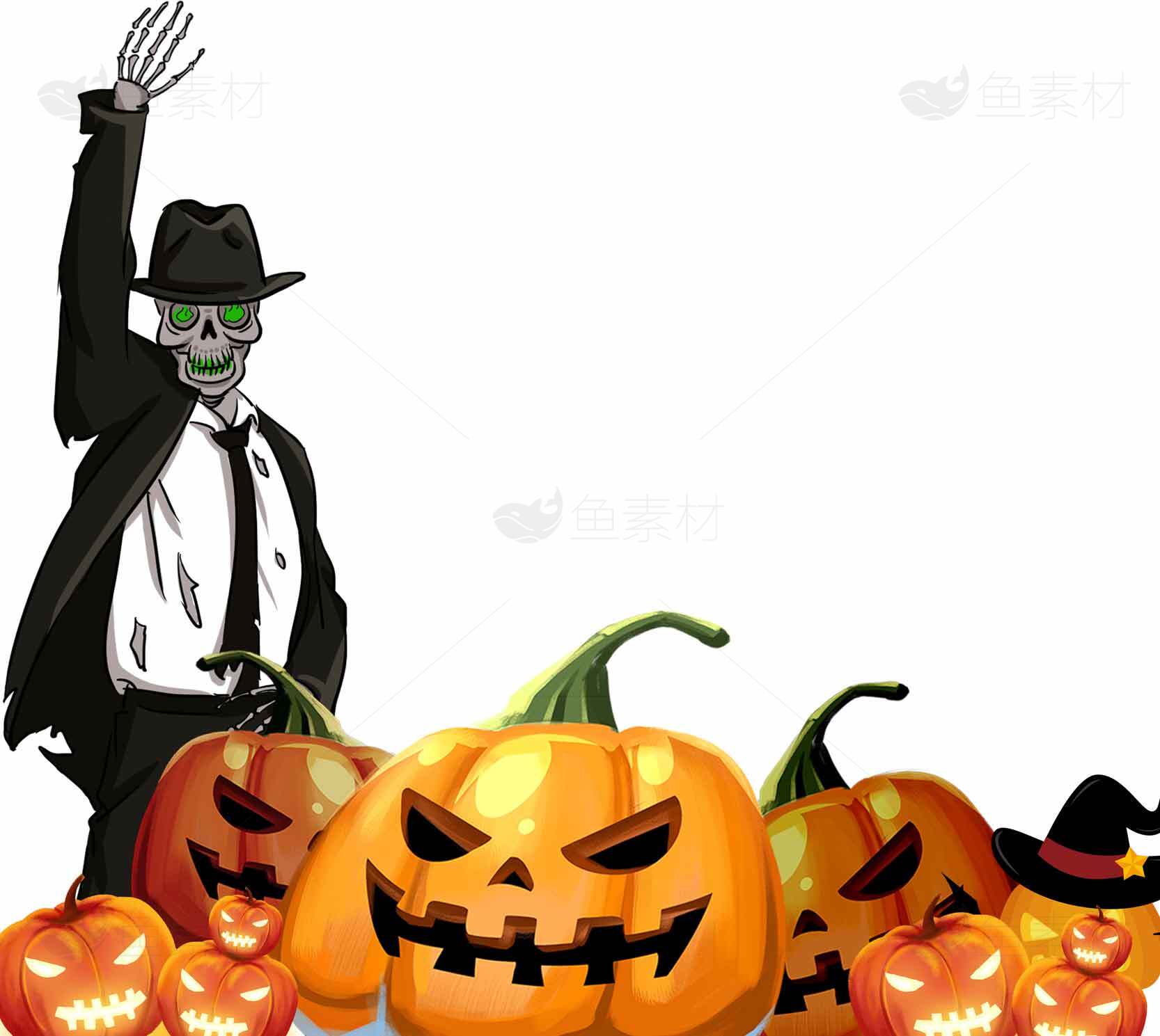 万圣节南瓜与骷髅绅士主题插画素材