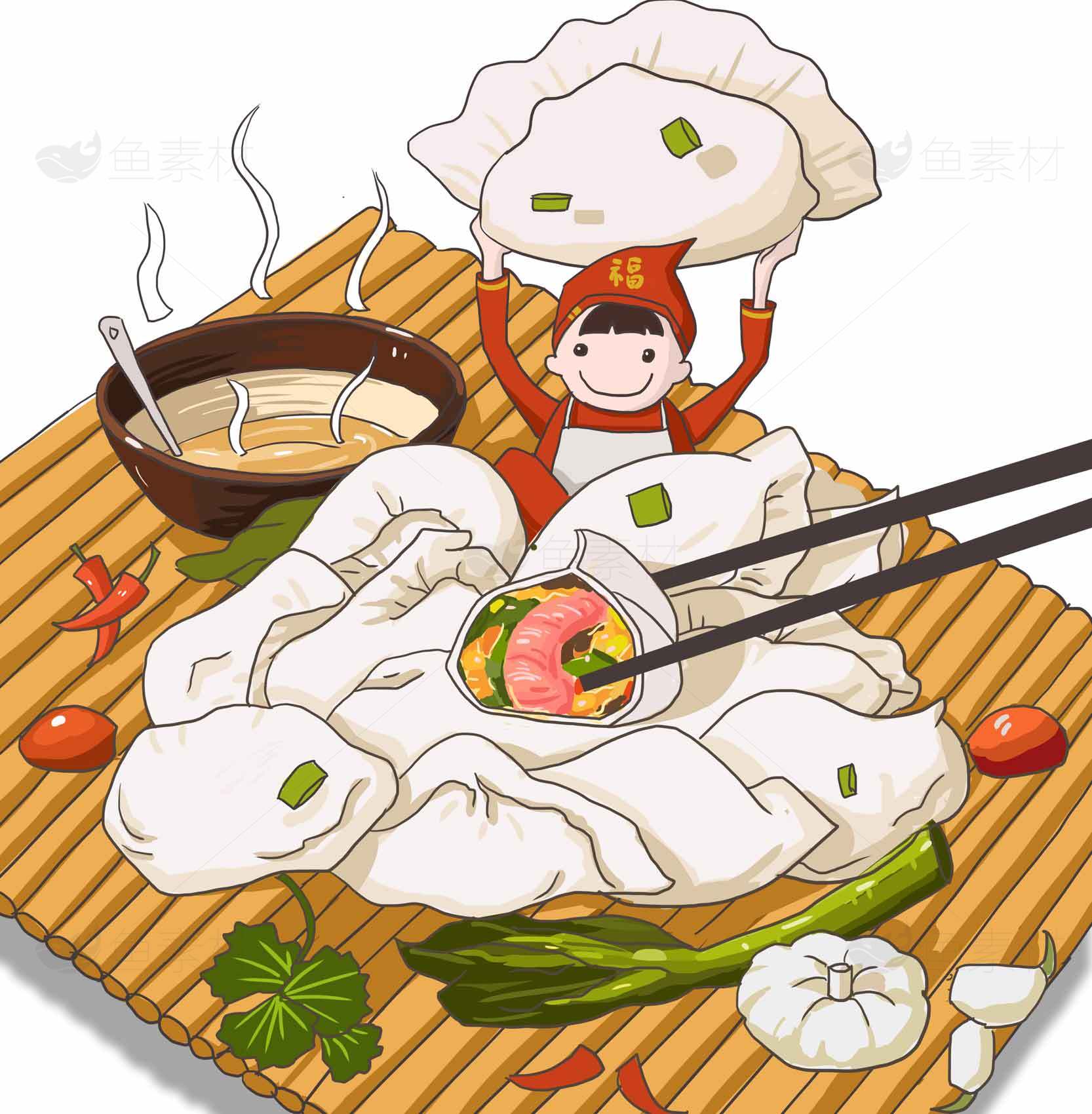 卡通风格美食插画：传统饺子与配菜展示素材