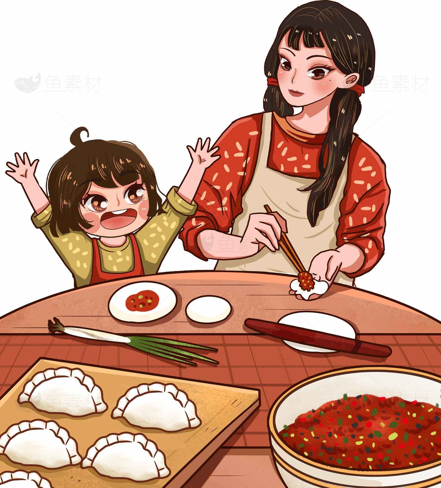 亲子互动包饺子插画图片素材
