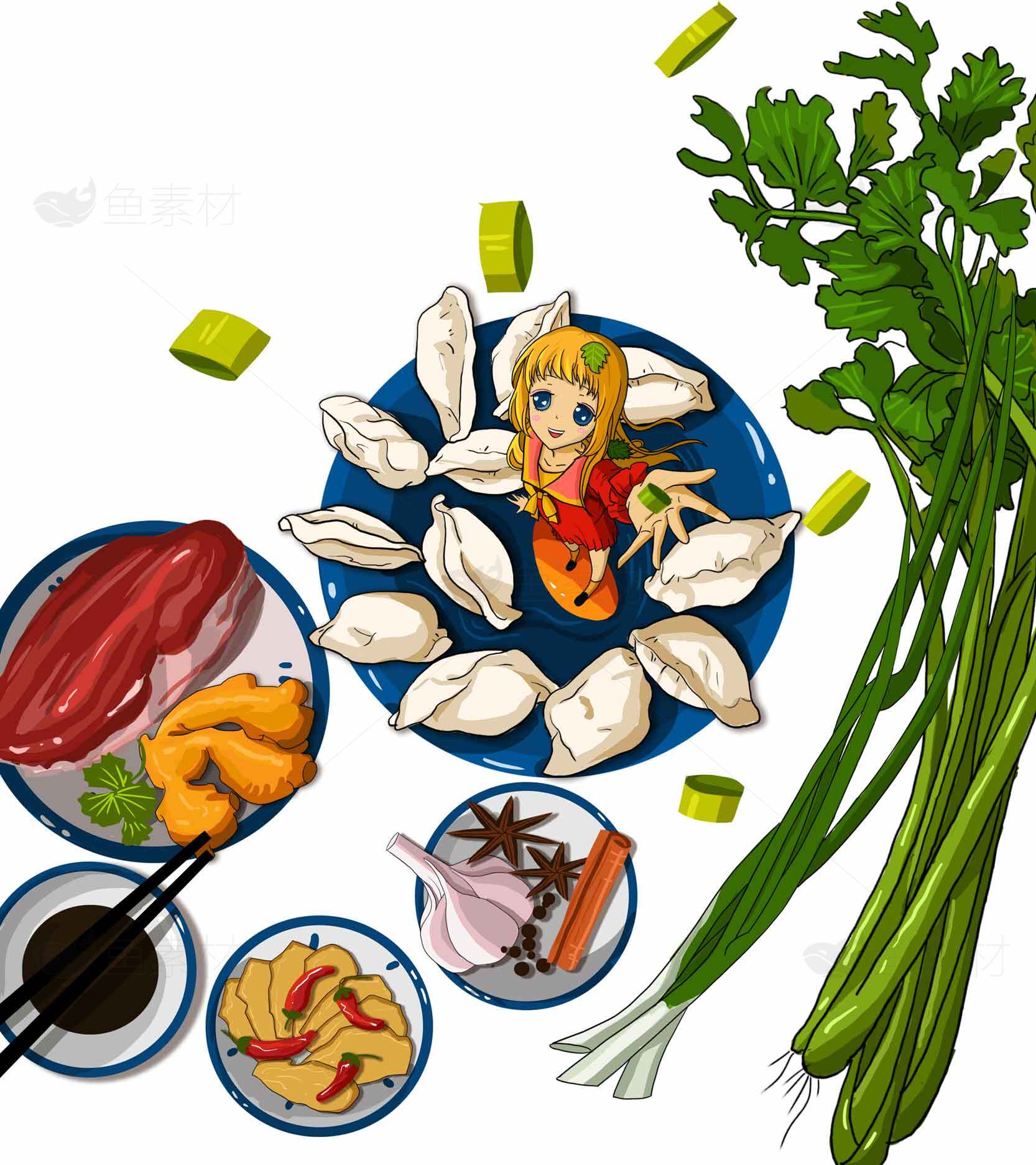 卡通风格美食插画：饺子与食材搭配素材