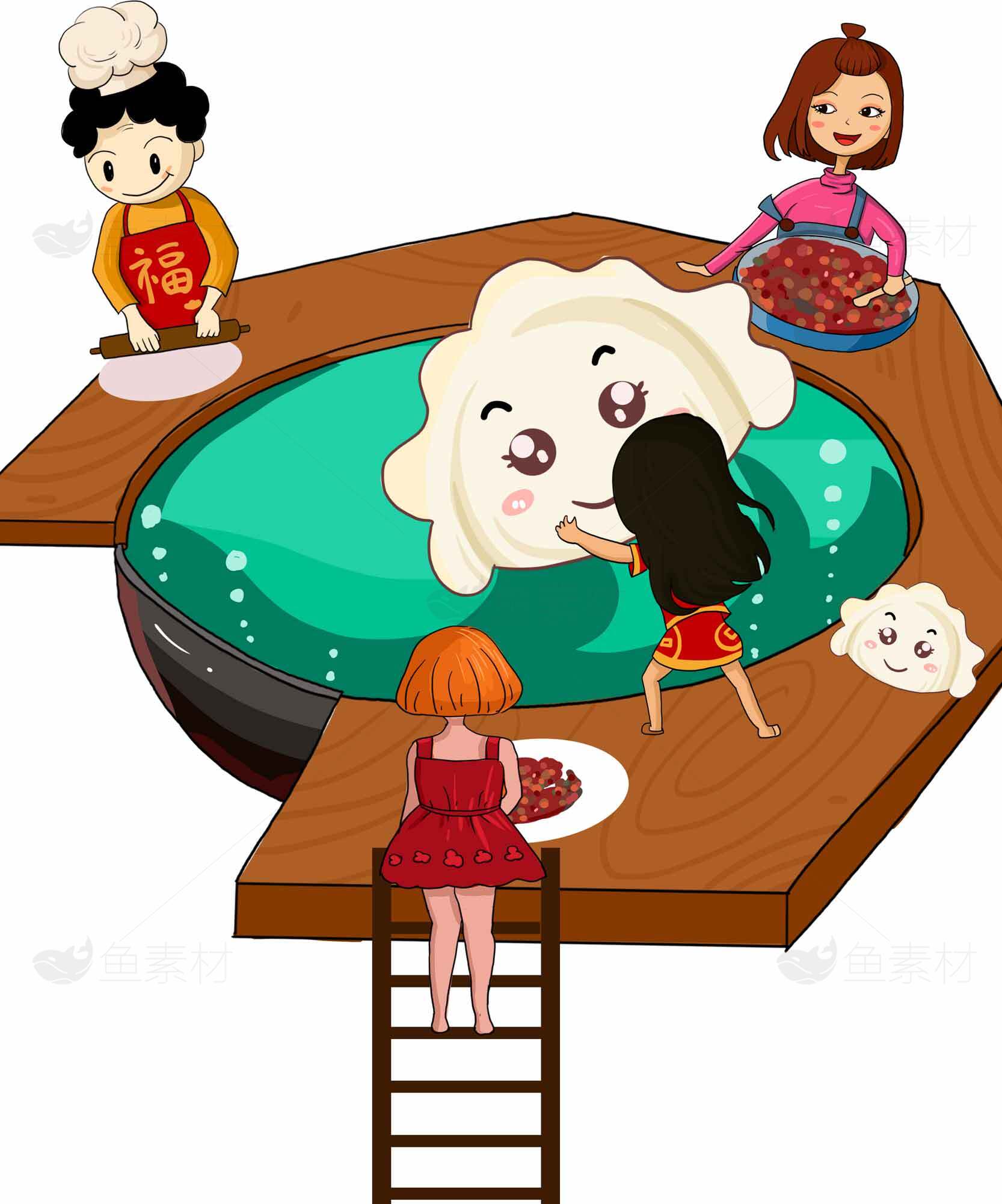 创意卡通春节包饺子场景插画素材