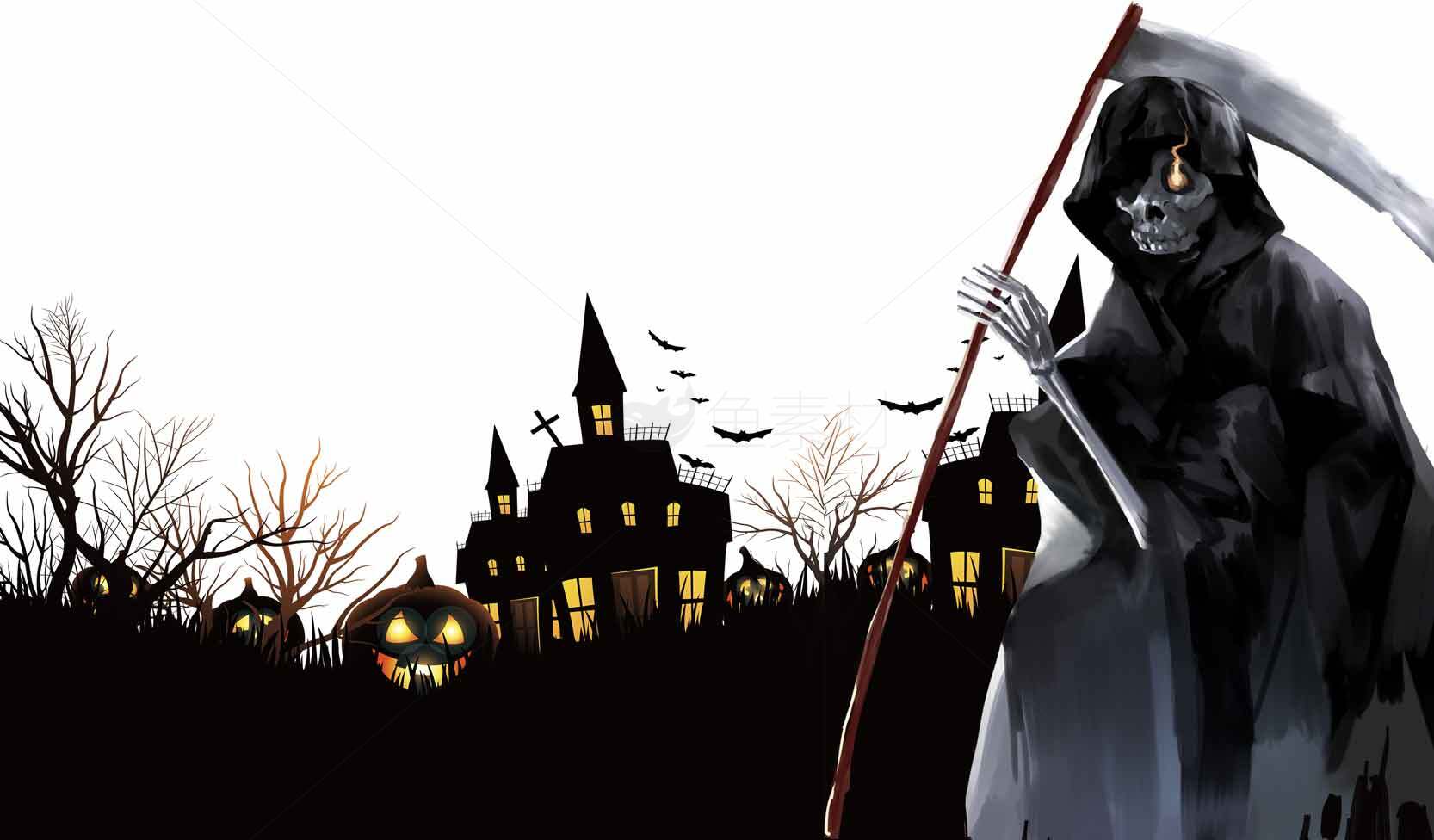 万圣节幽灵与南瓜灯的恐怖夜景素材