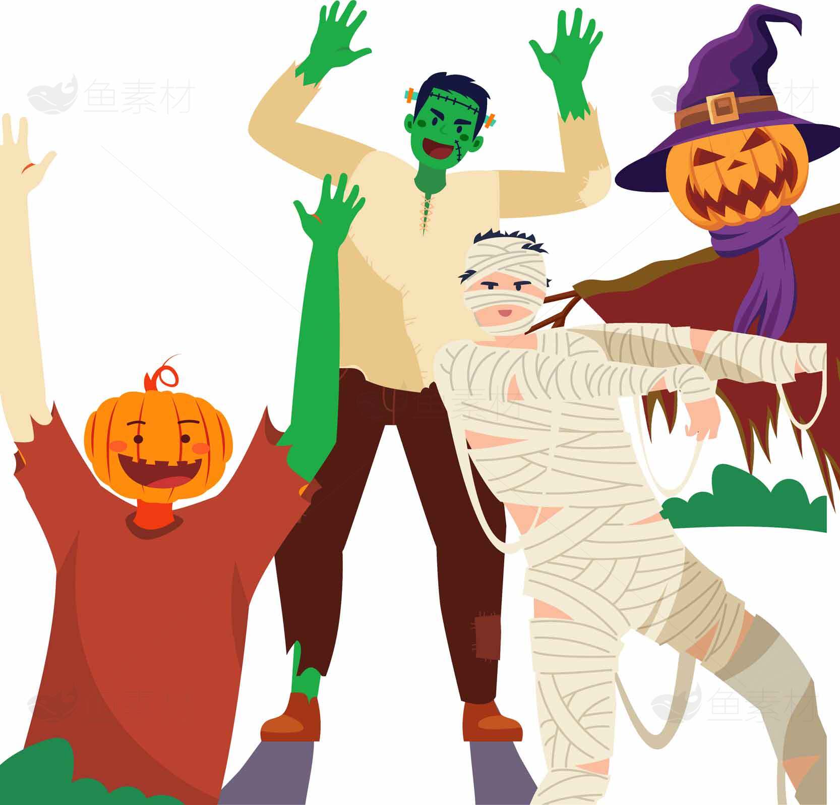 万圣节趣味装扮：南瓜头、木乃伊与僵尸的狂欢素材