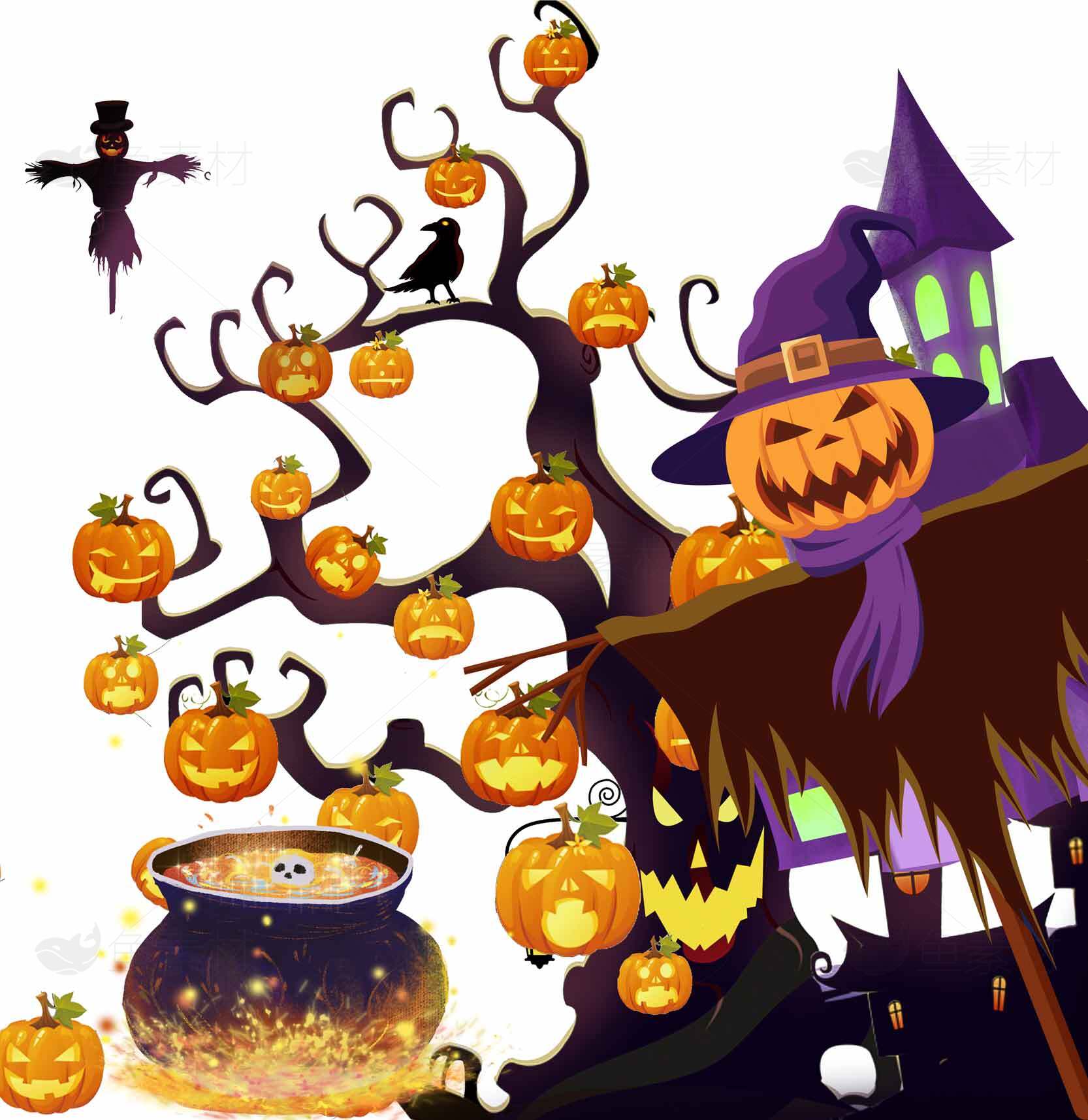 万圣节南瓜与巫师主题插画素材
