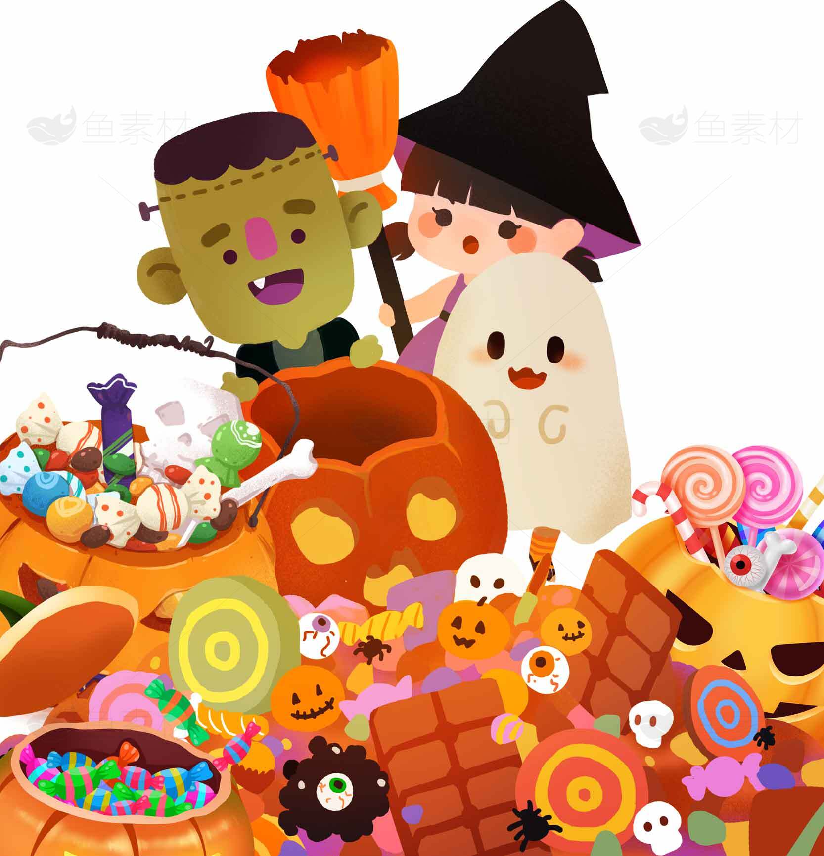 万圣节糖果派对：可爱南瓜与小巫师的欢乐时光素材