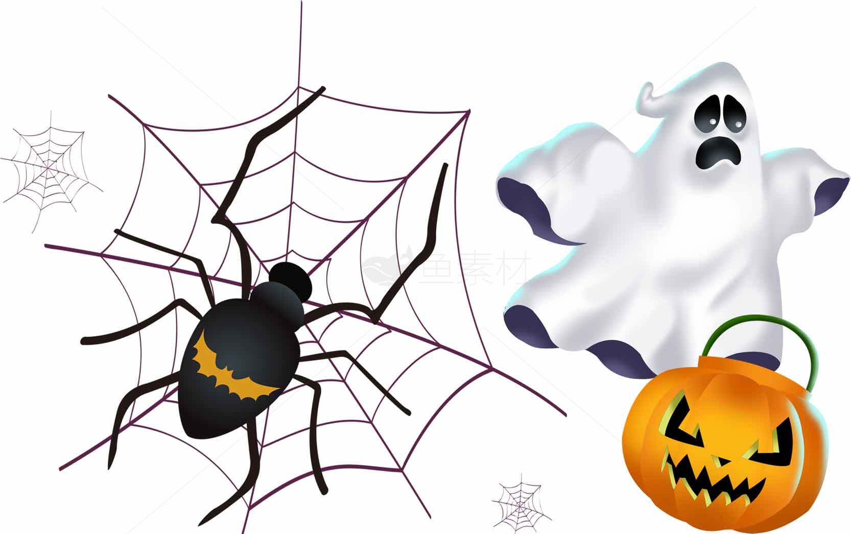 万圣节蜘蛛网幽灵南瓜插画设计素材
