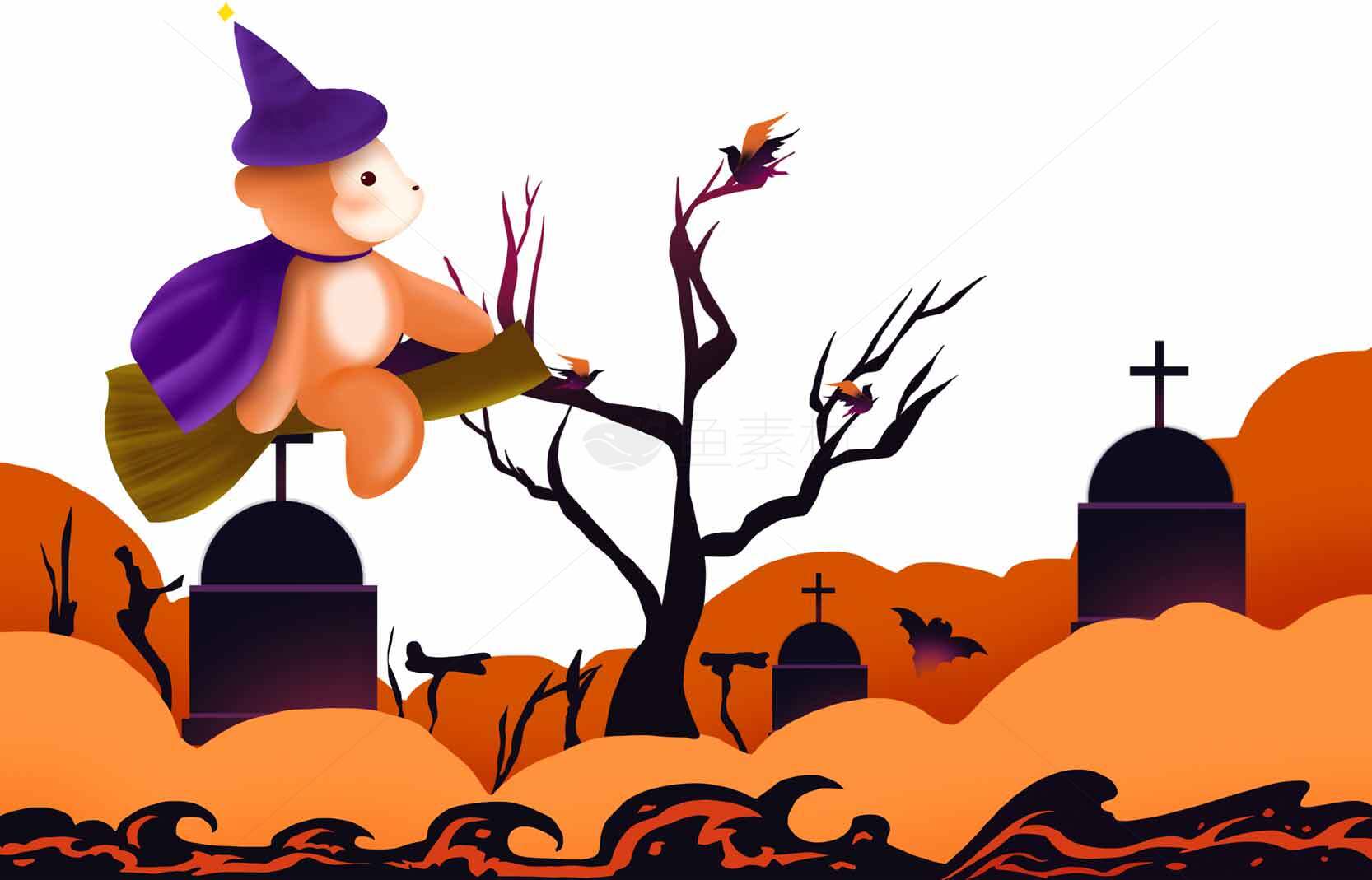 万圣节巫师熊飞越墓地插画素材