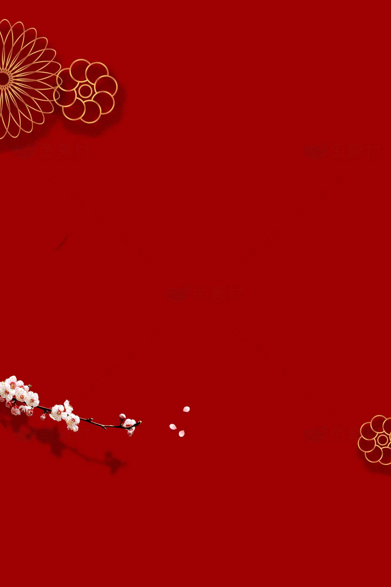 中国风红色背景图片：梅花与金色花纹设计素材
