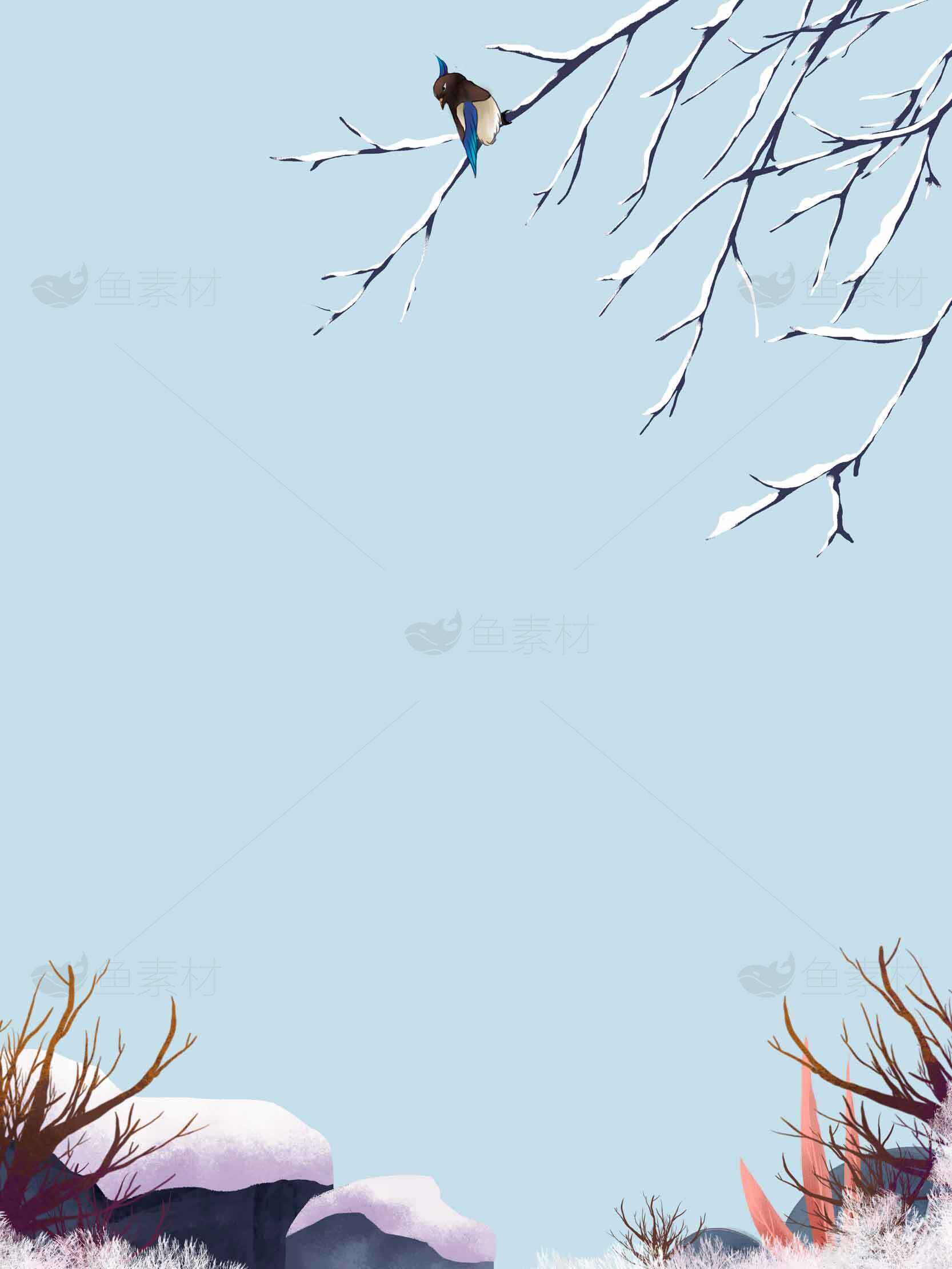 冬季雪景与树枝上的小鸟插画素材