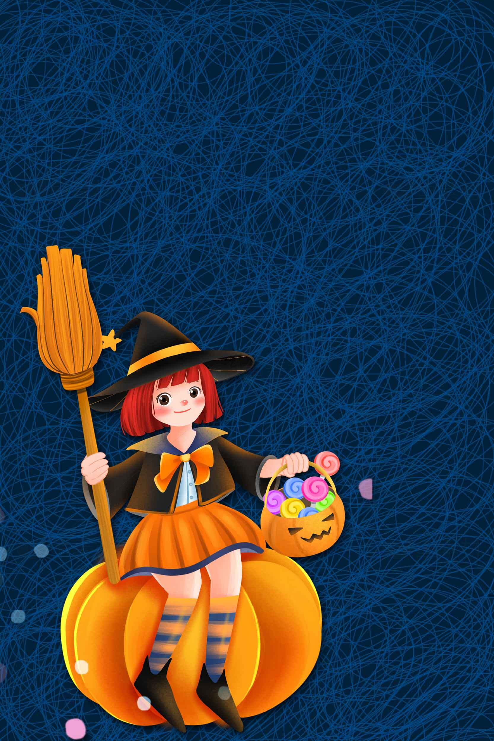 万圣节少女坐南瓜手拿扫帚可爱插画素材