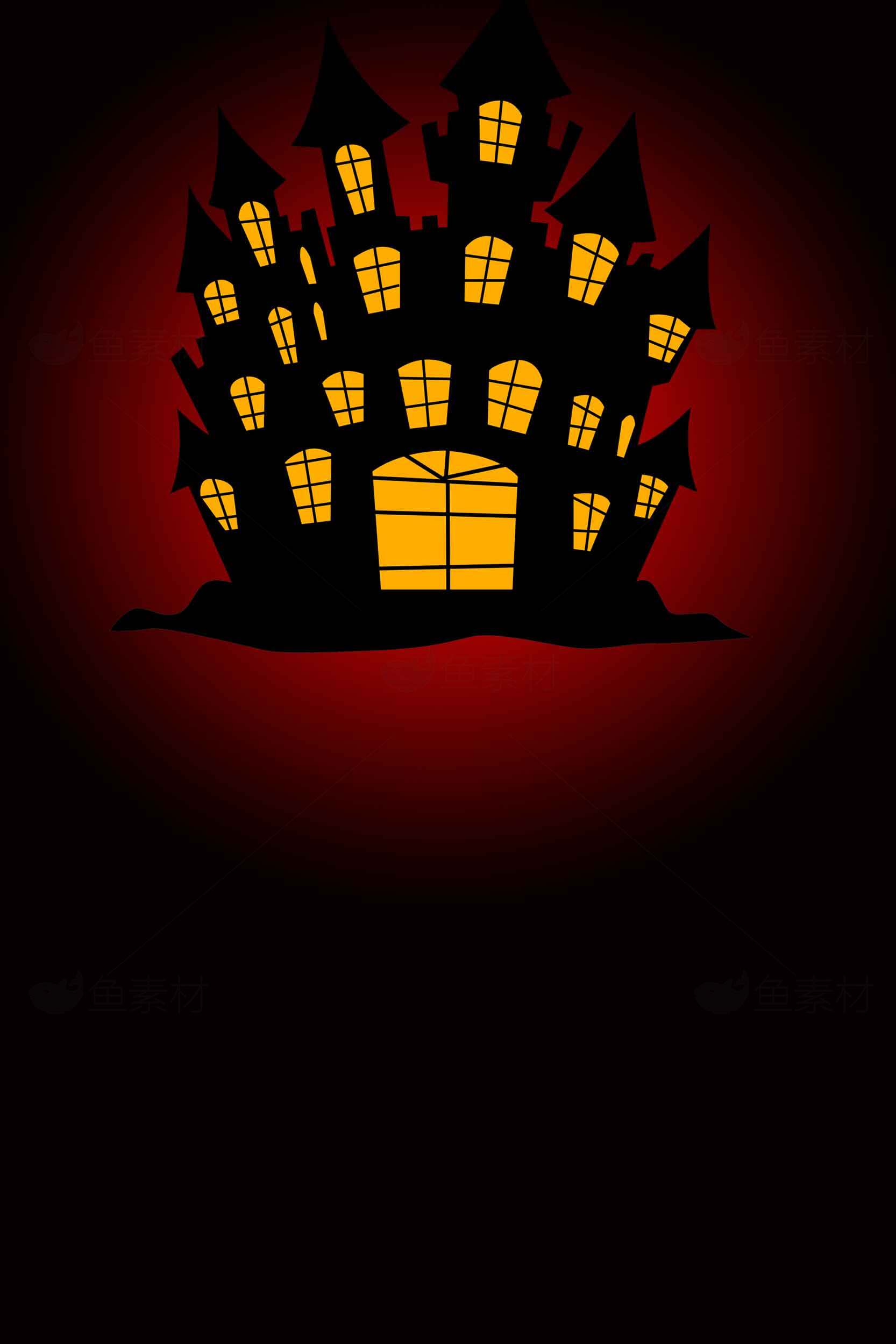 万圣节鬼屋插画设计：红黑背景与黄色灯光的完美结合素材