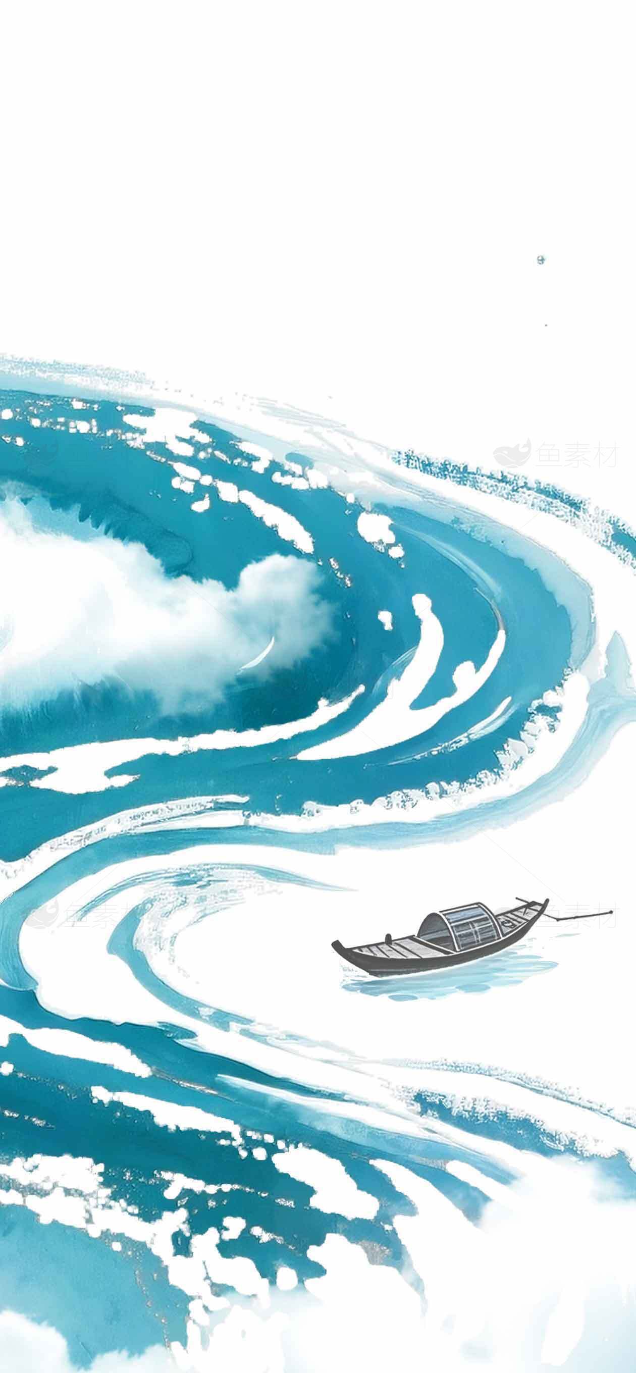 山水画风格的蓝色漩涡与小船意境插画素材