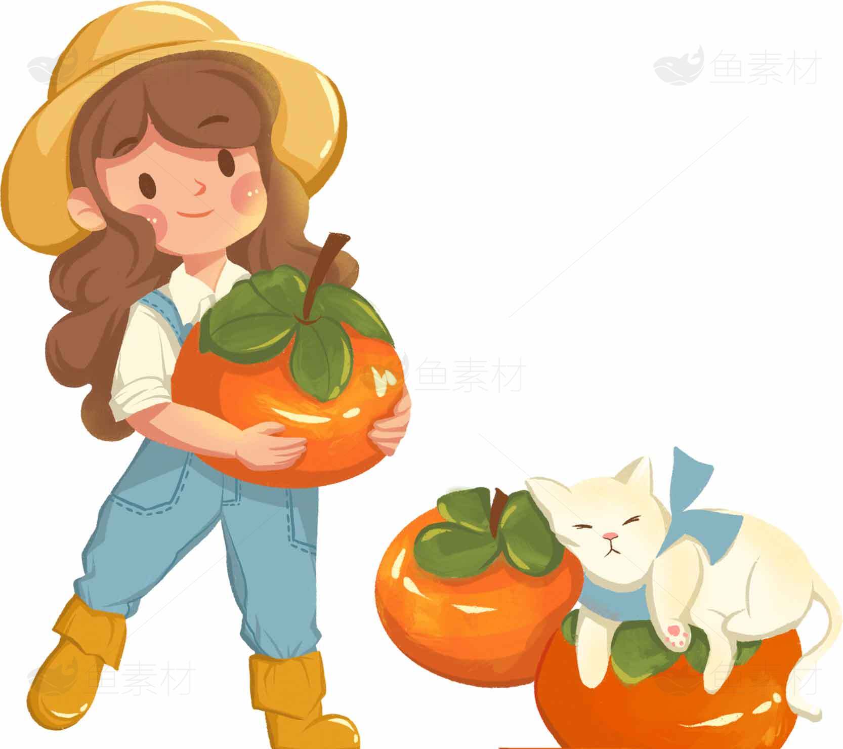秋日插画：女孩与柿子猫的温馨时光素材