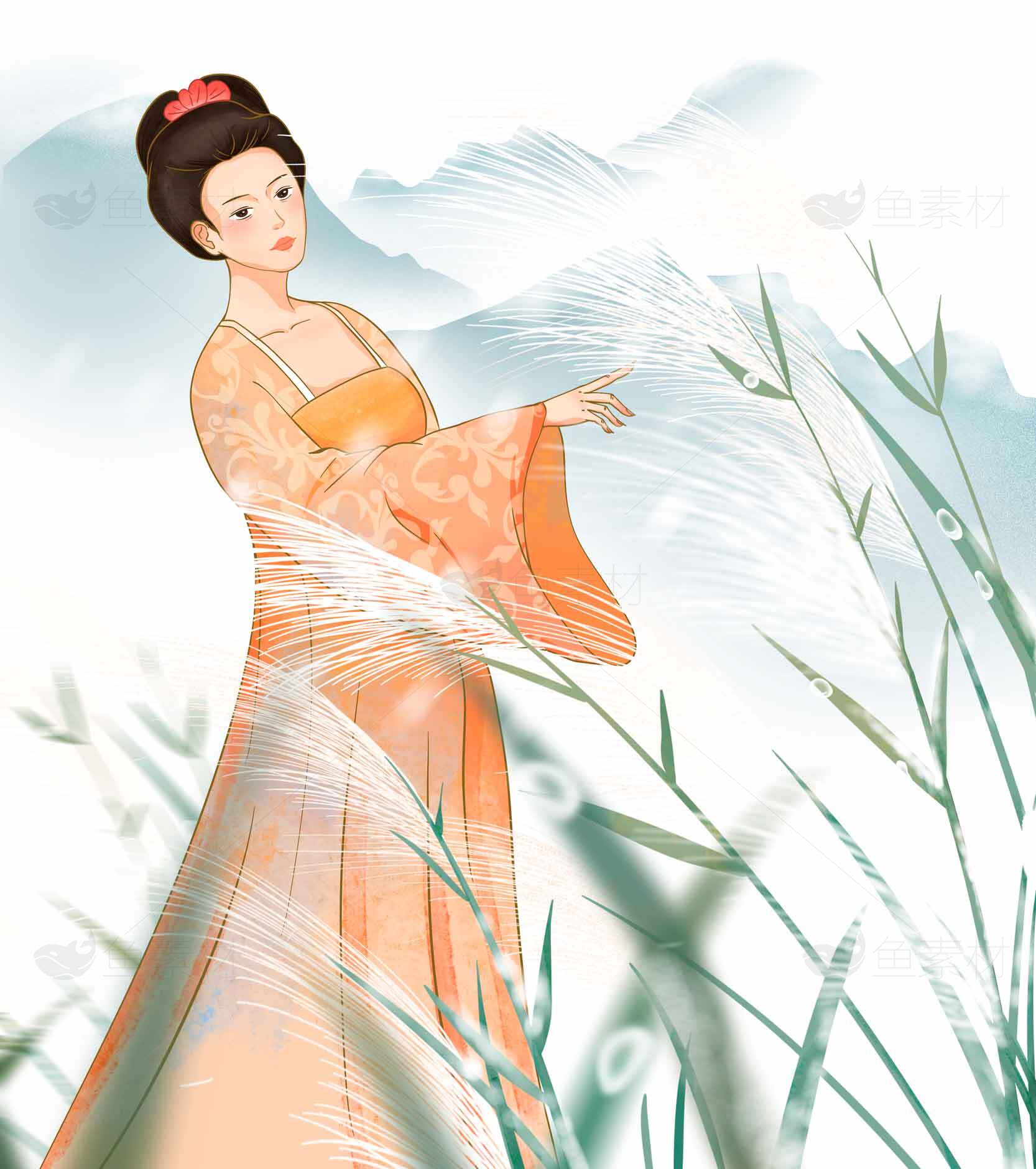 古风插画唯美女子与自然意境素材