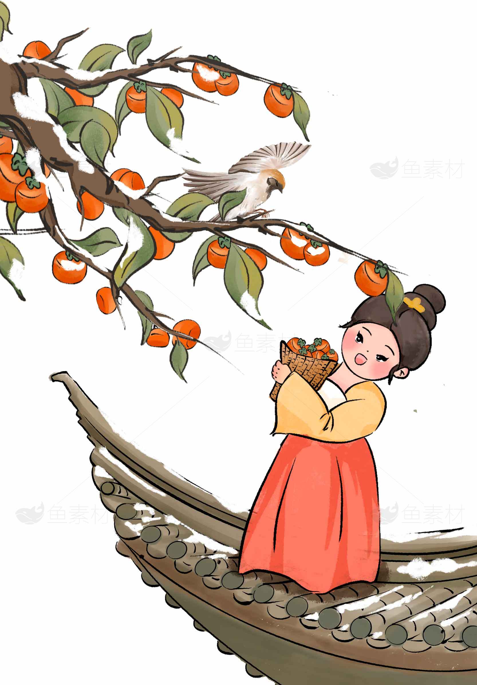 古风插画：柿子树下的少女与白鹤素材