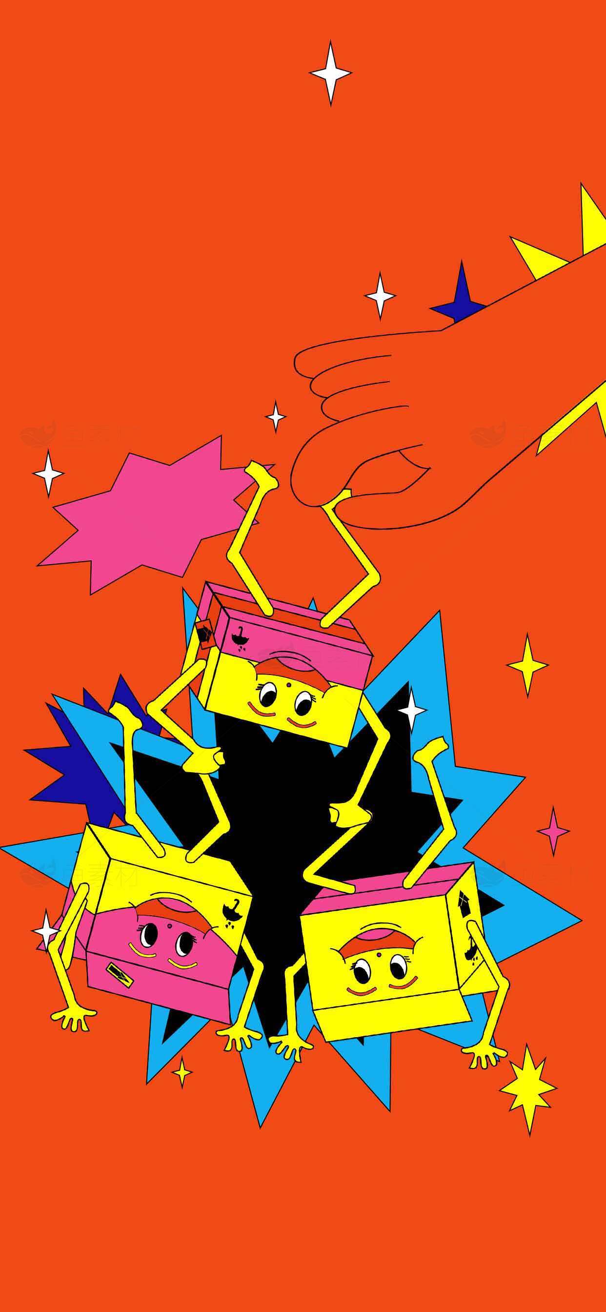 创意卡通风格手绘插画：色彩缤纷的方块角色与橙色背景素材