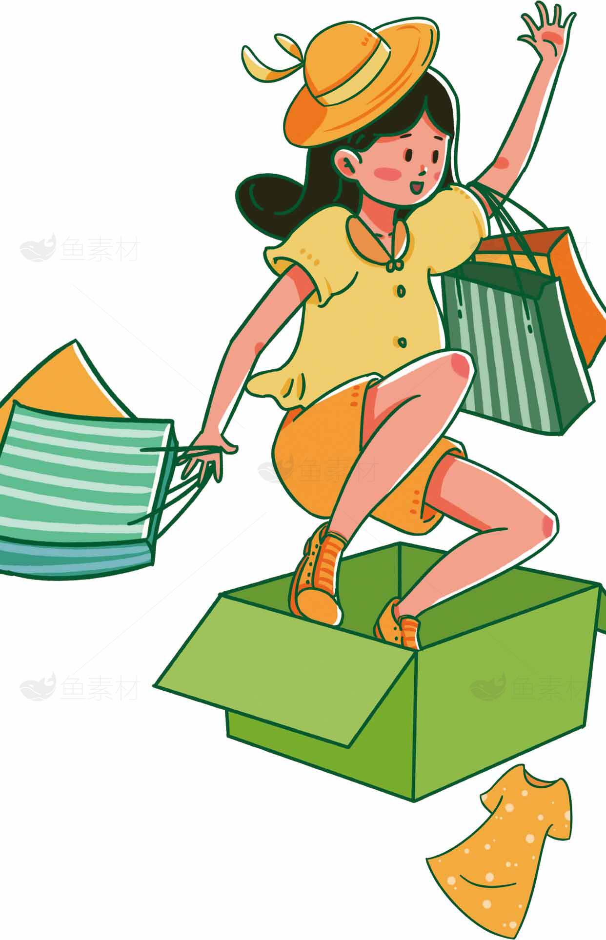 购物狂欢插画：时尚女孩与购物袋素材