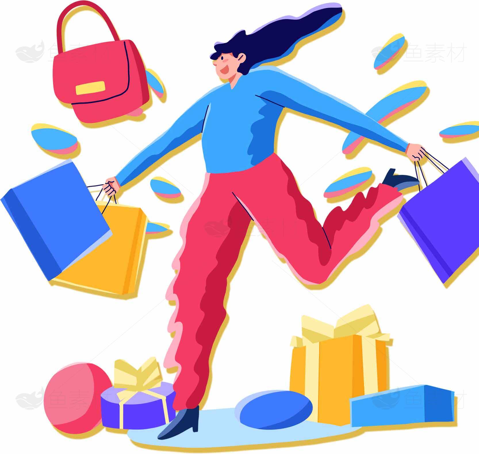 购物狂欢节插画设计：时尚女性与购物袋素材