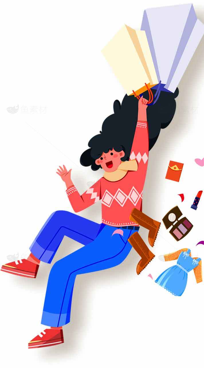 疯狂购物插画设计：时尚女性购物狂欢场景素材