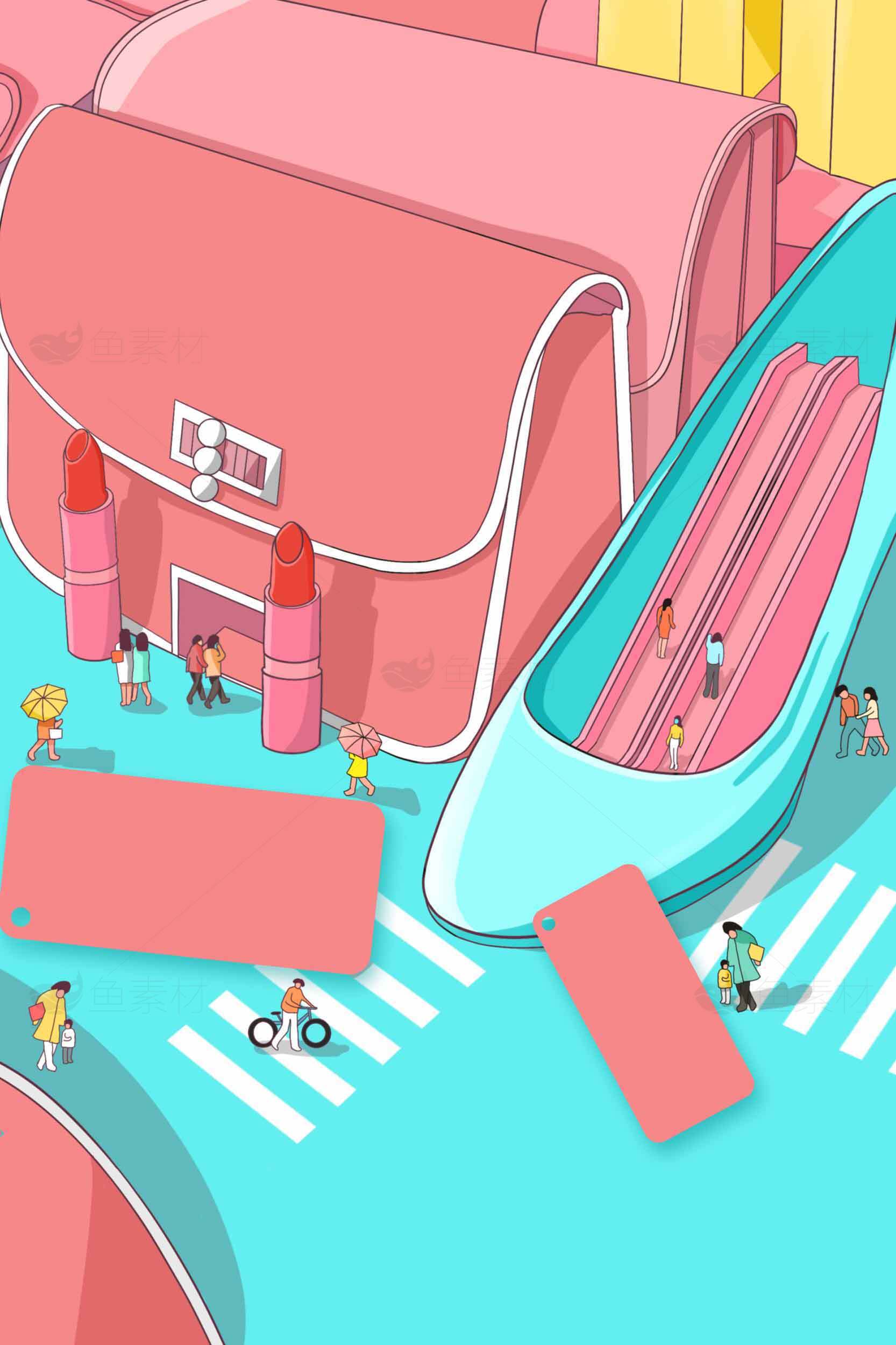 创意插画：粉色与蓝色的时尚生活场景素材