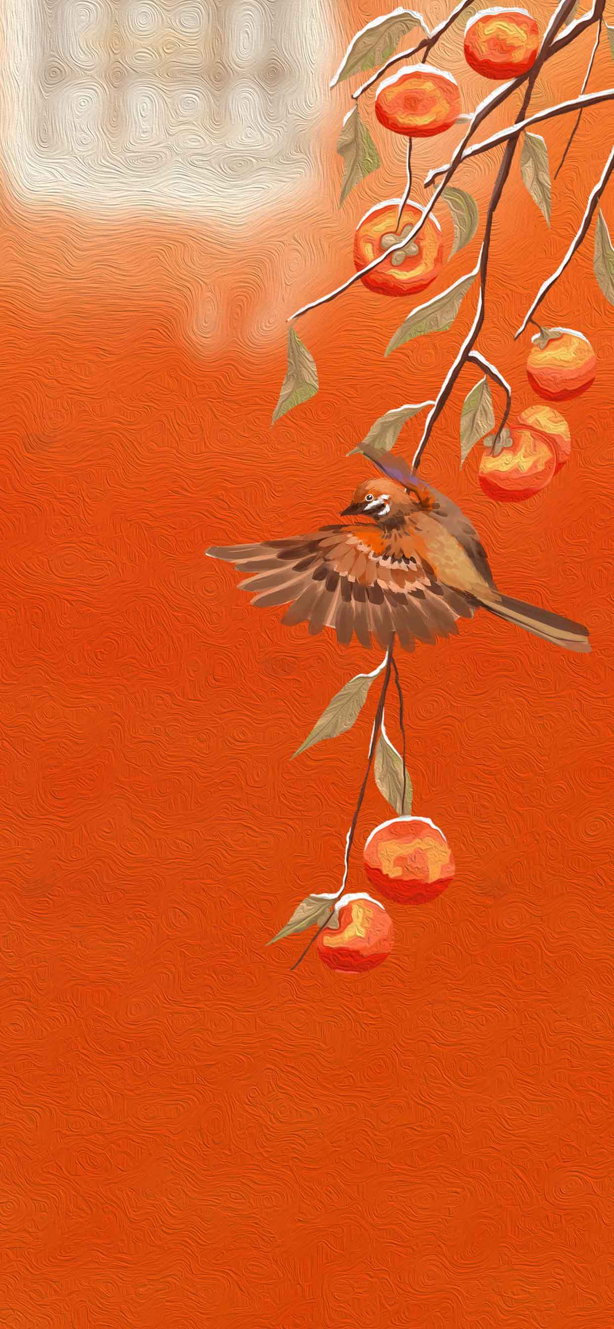 秋日柿子树上的小鸟插画素材