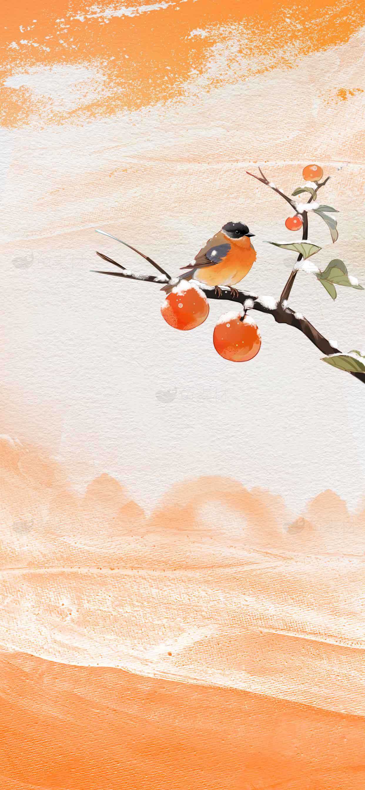 秋日水墨画：枝头小鸟与柿子素材