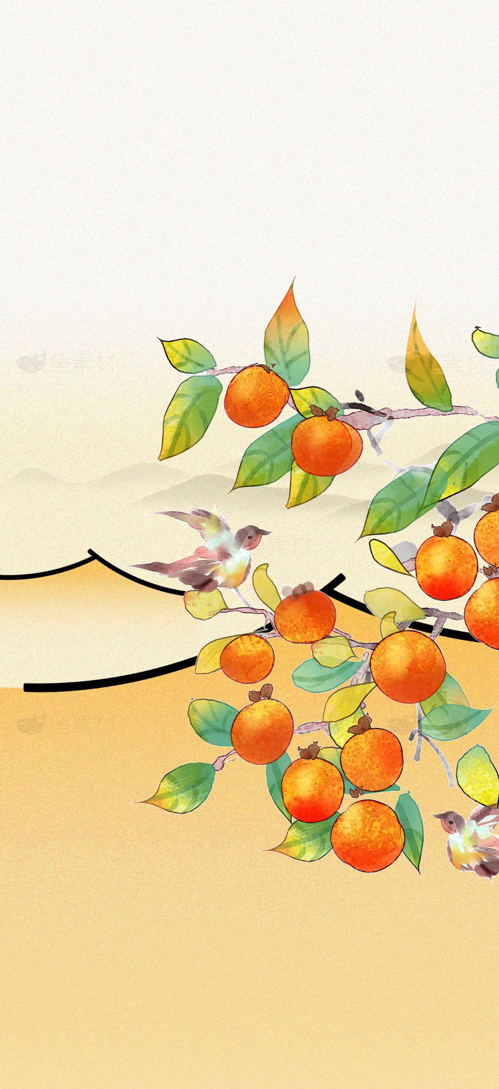 国风水彩柿子与小鸟背景图片素材