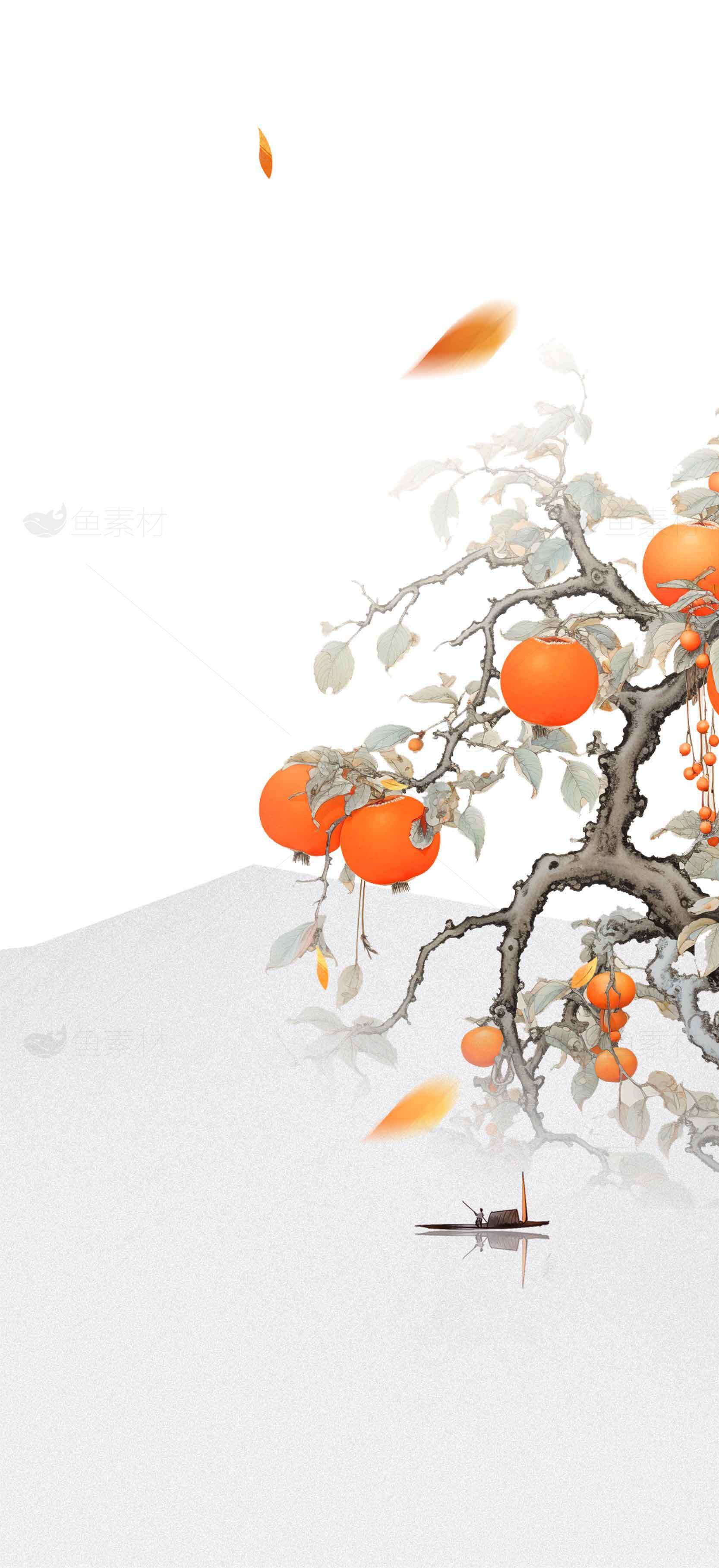 国风水墨柿子树意境插画图片素材