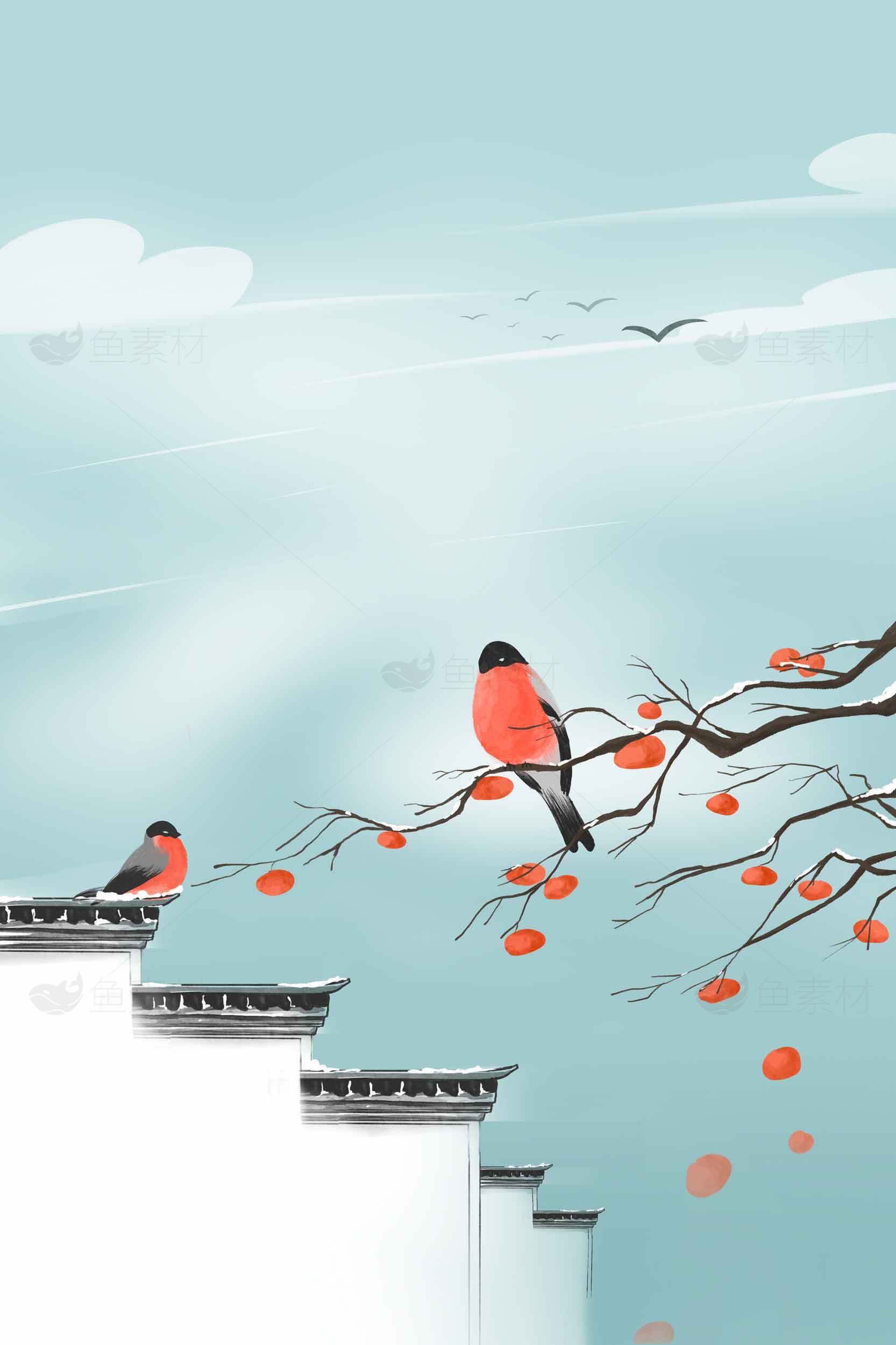 秋日田园风光插画：柿子树与红腹鸟的唯美画面素材