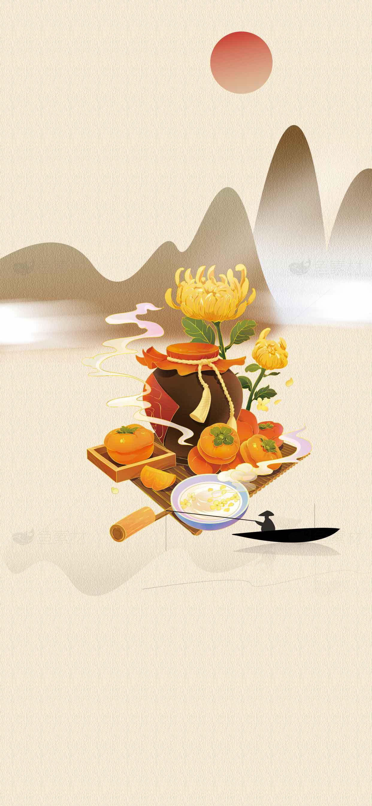 秋日柿子与菊花的传统美食摆盘素材