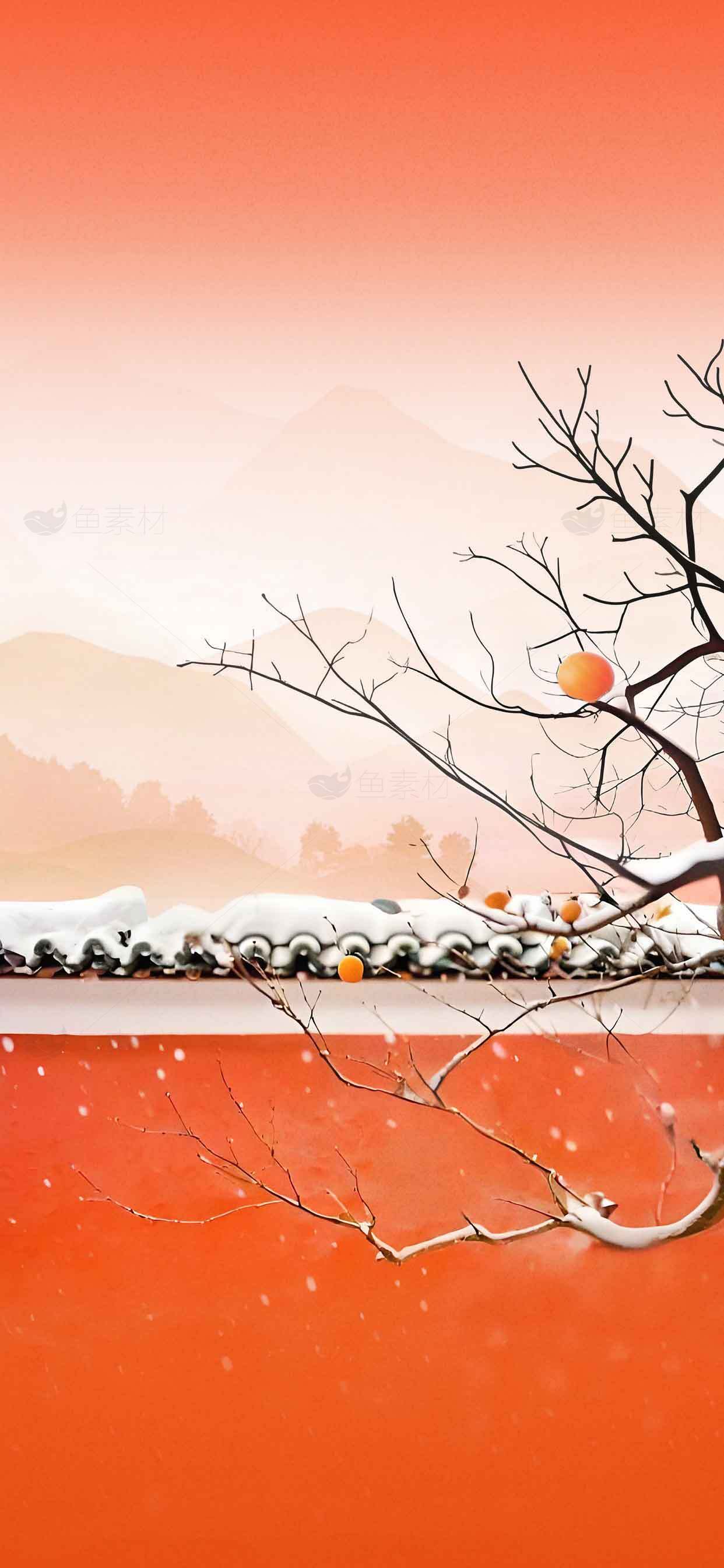 冬日雪景中的红墙与柿子树唯美意境图素材