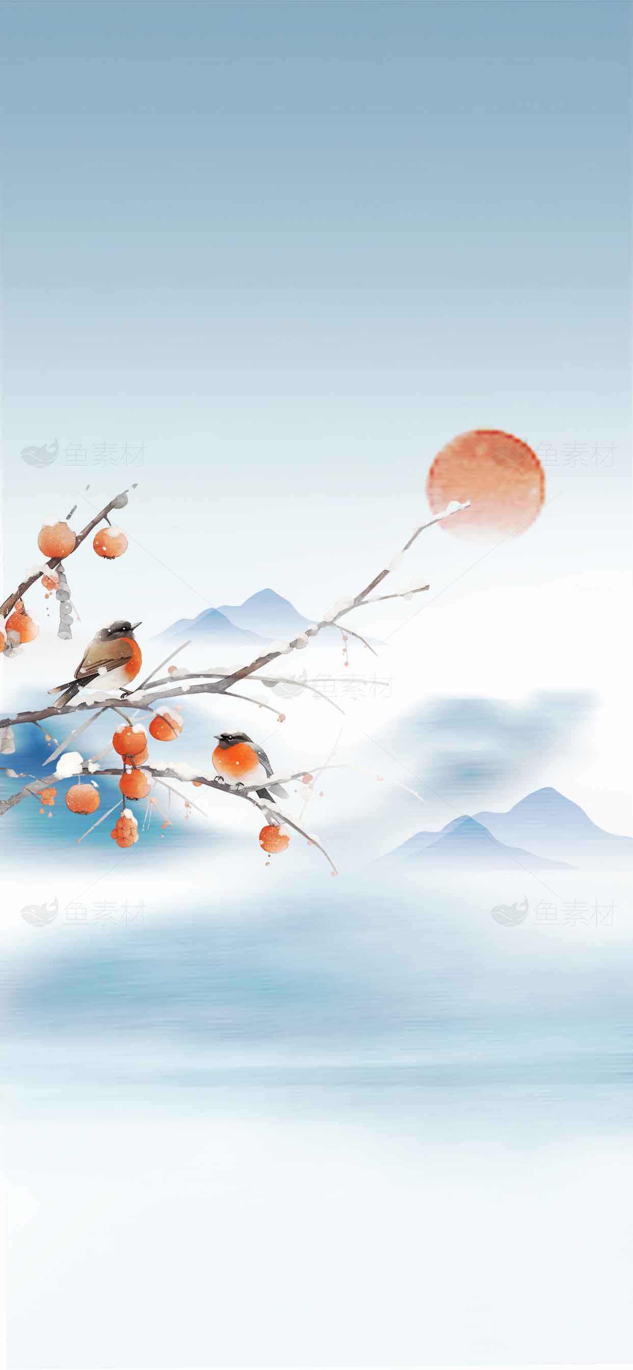 唯美国画风山水与柿子枝鸟意境壁纸素材