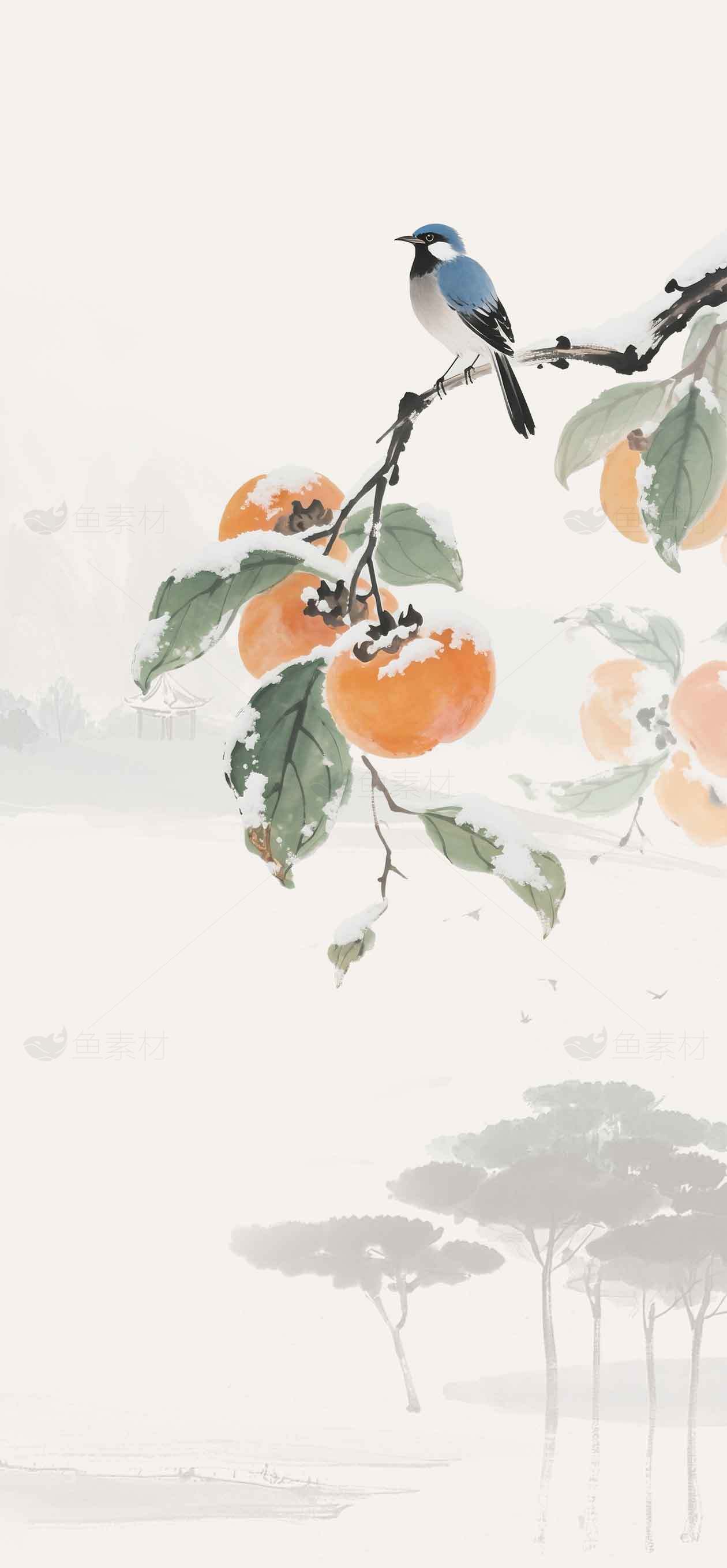 国风水墨画：柿子与蓝鸟的唯美意境素材
