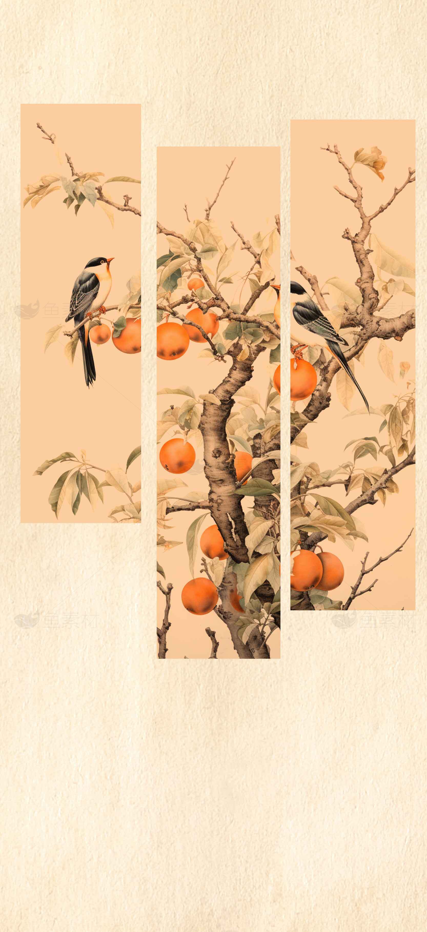 国画风格柿子与喜鹊装饰画素材