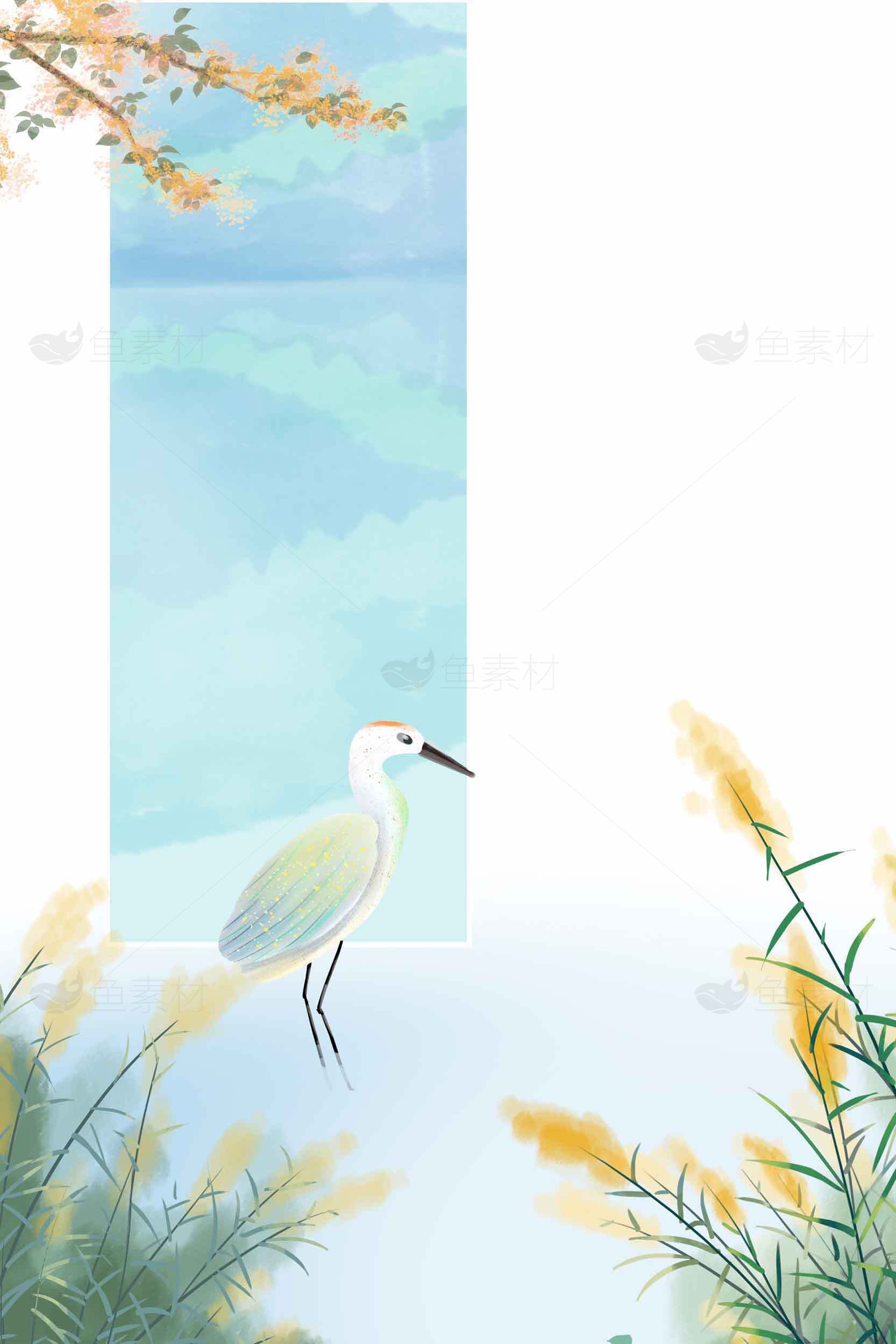 唯美水墨风白鹭与自然景观插画素材