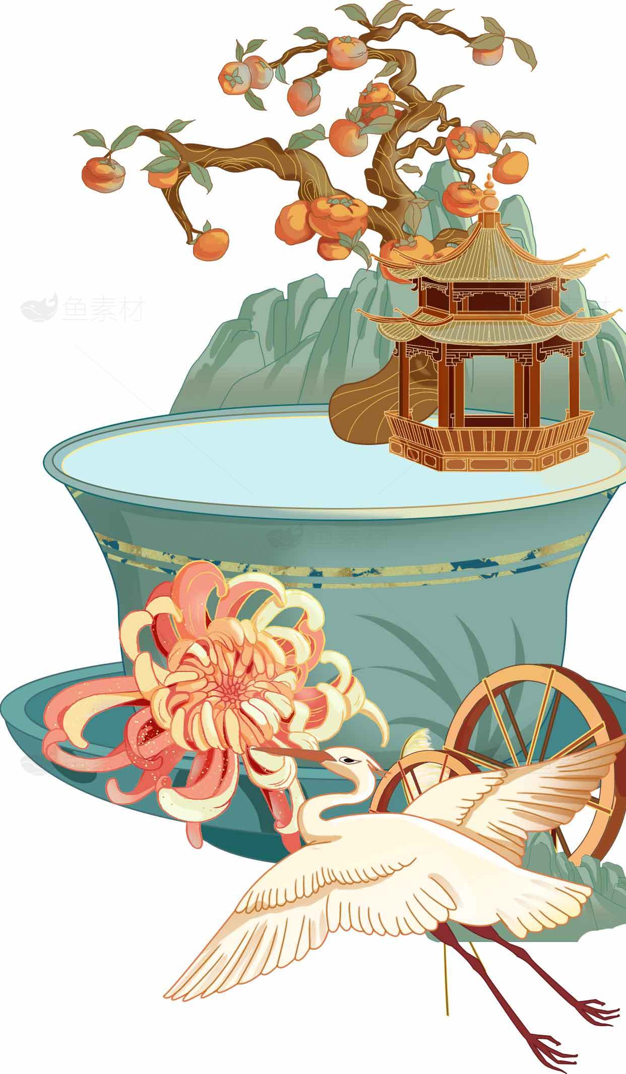 中国风插画：山水茶杯与鹤意境素材