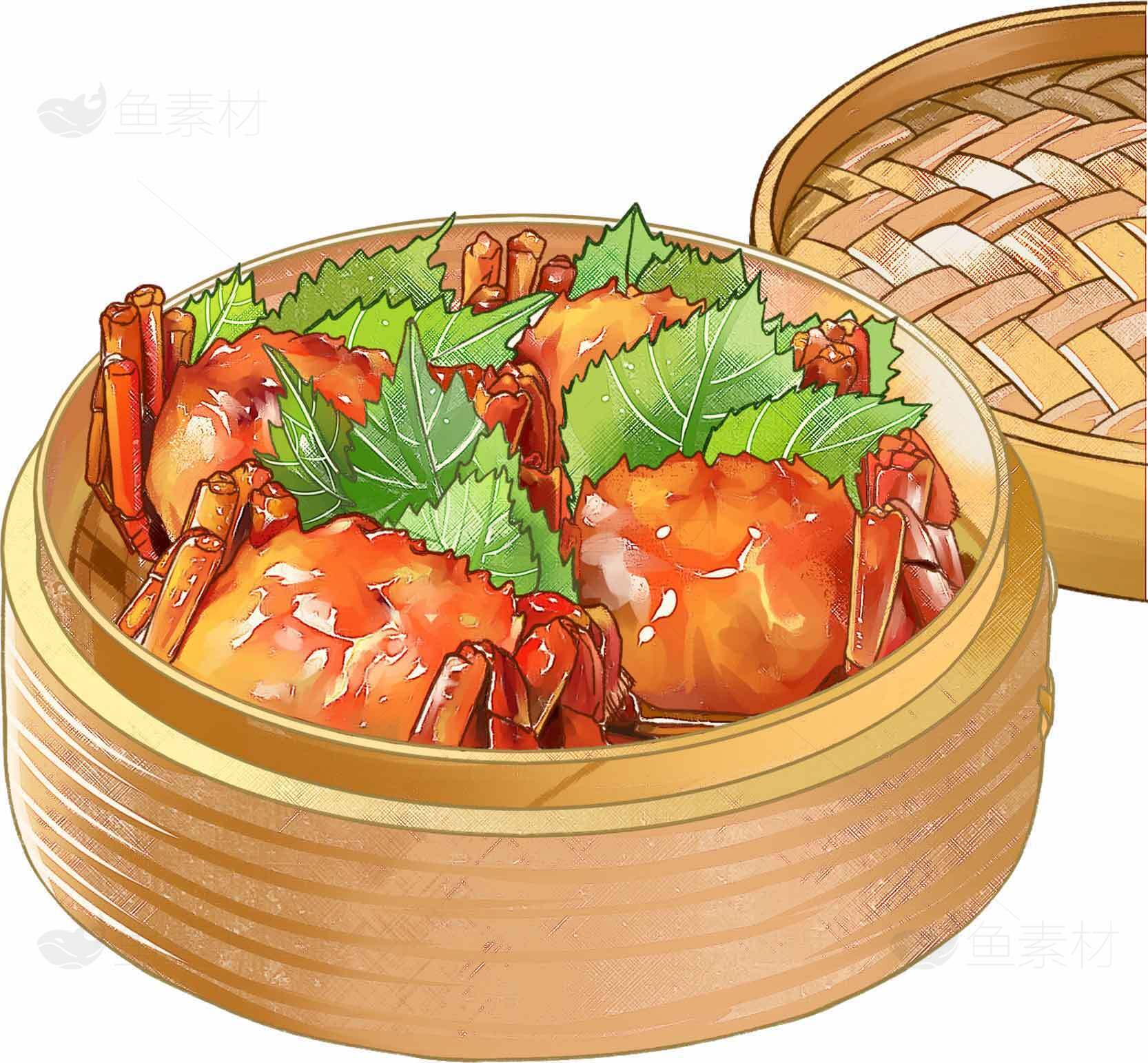 大闸蟹美食图片：蒸蟹的诱人色泽与竹蒸笼的传统风味素材