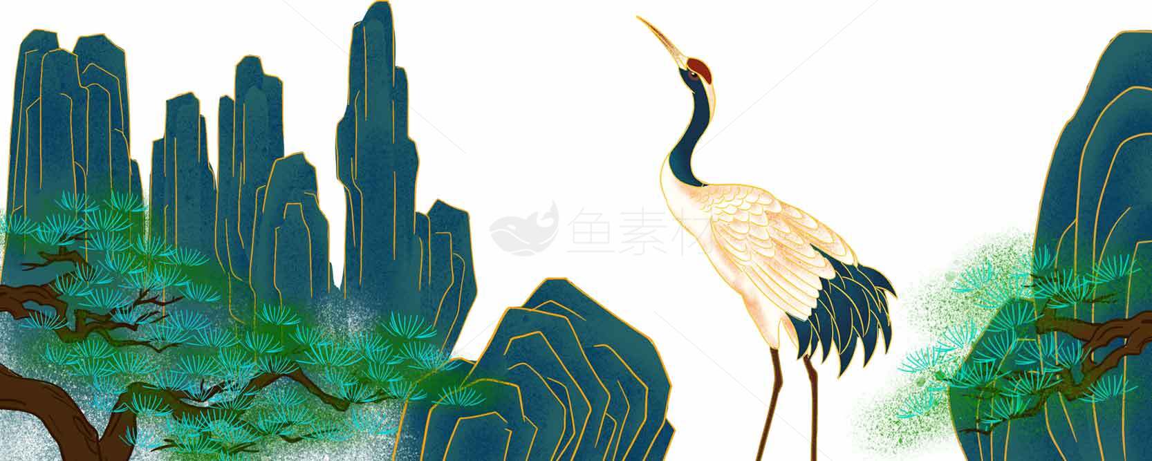 国风山水丹顶鹤插画设计素材