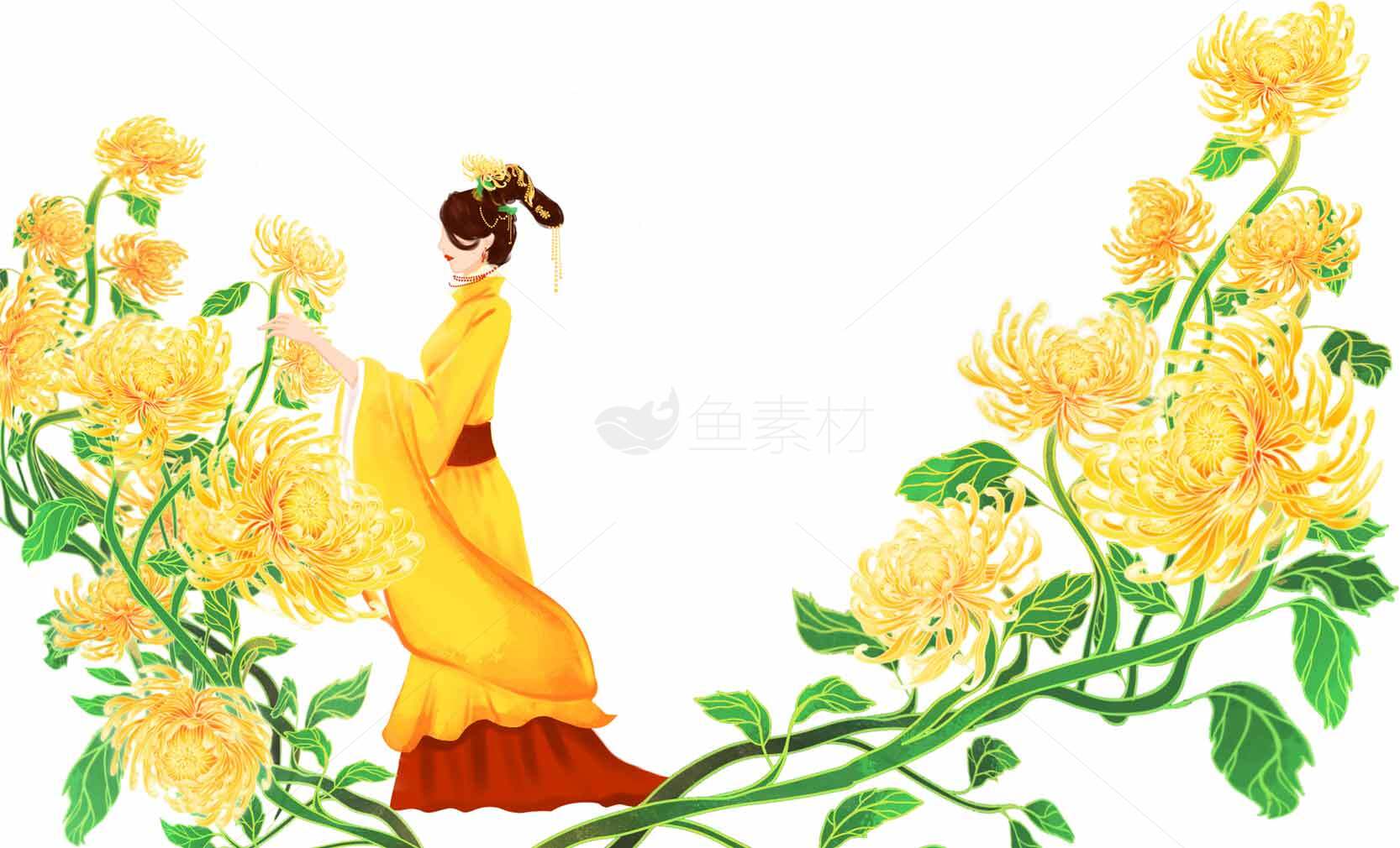 古风仕女与黄色菊花插画唯美意境素材