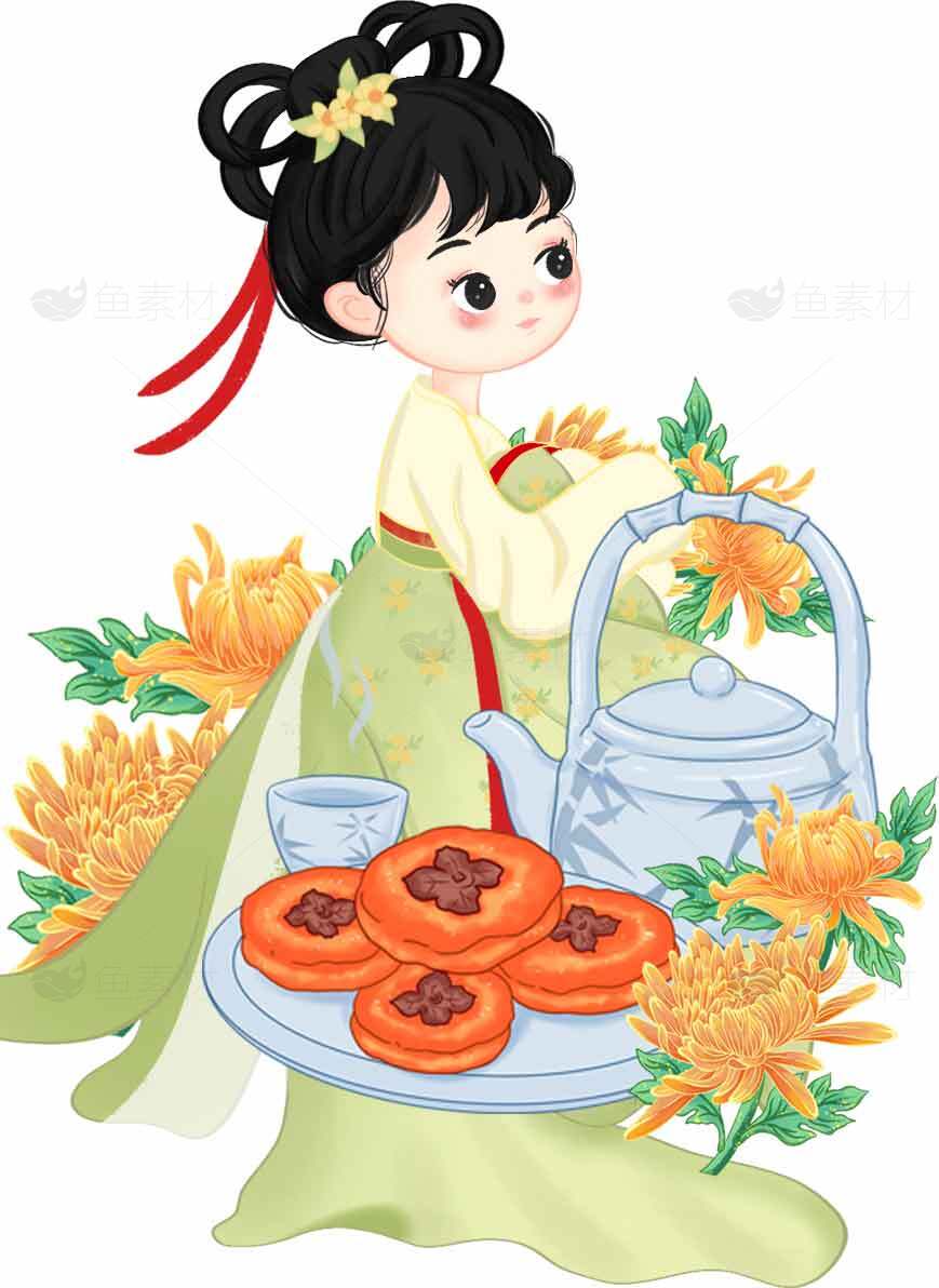 古风插画：菊花茶与柿子点心的秋日意境素材