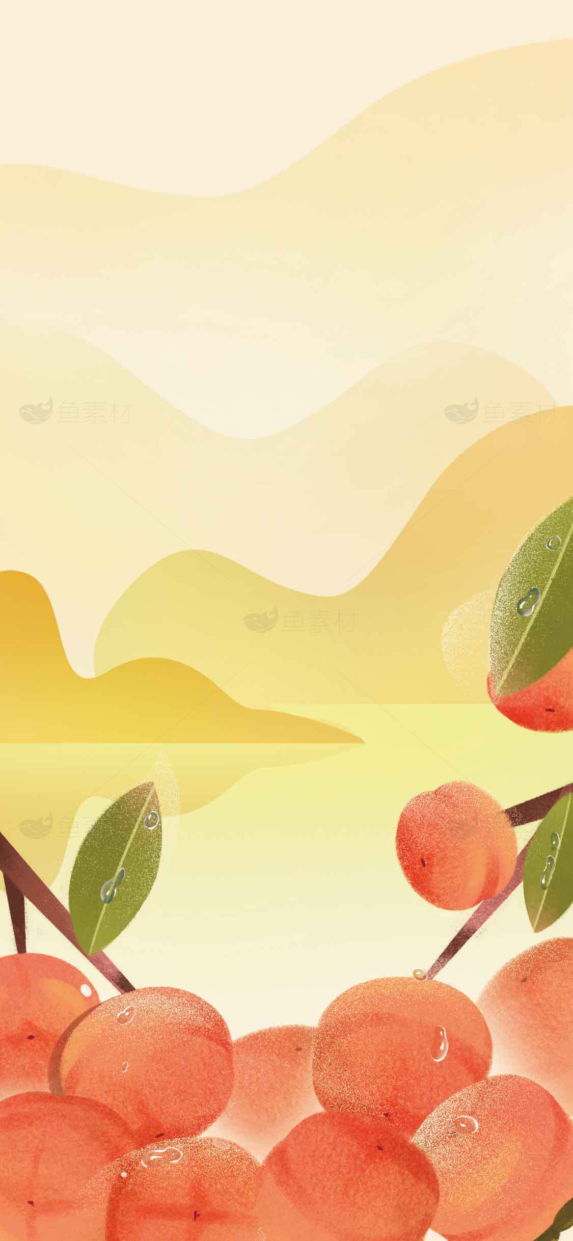清新插画风格的果实与山水背景设计素材