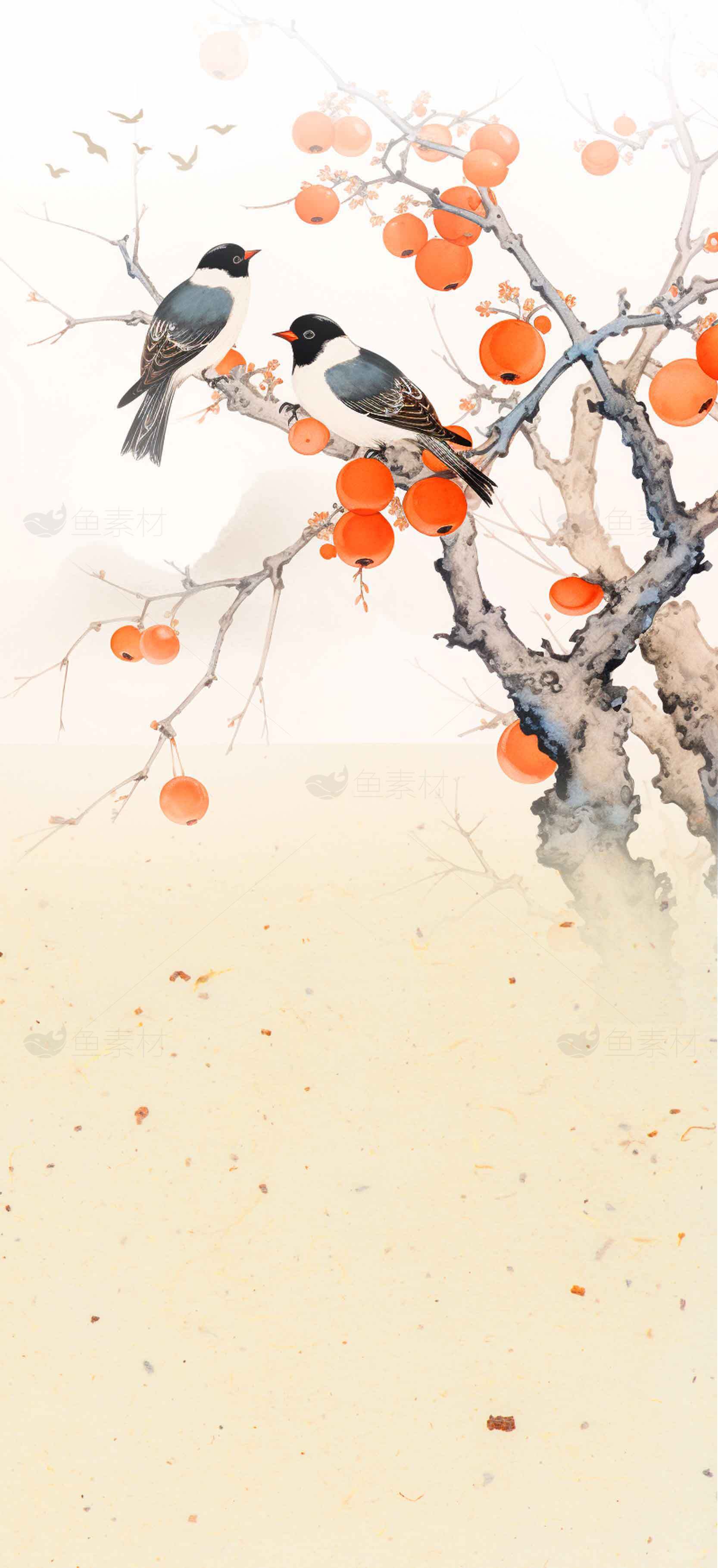 秋日柿子树与喜鹊国画风插画素材