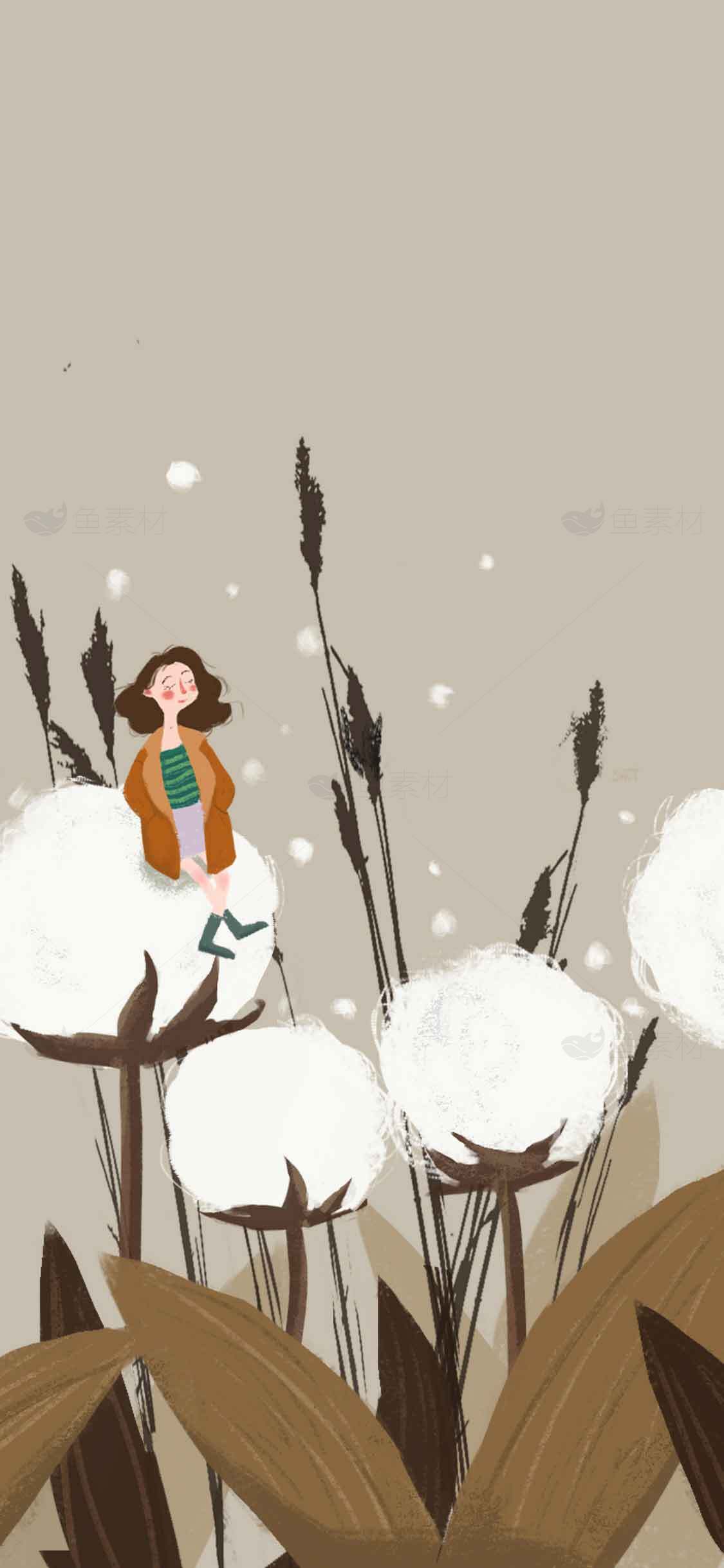 棉花田里的女孩插画唯美背景图片素材