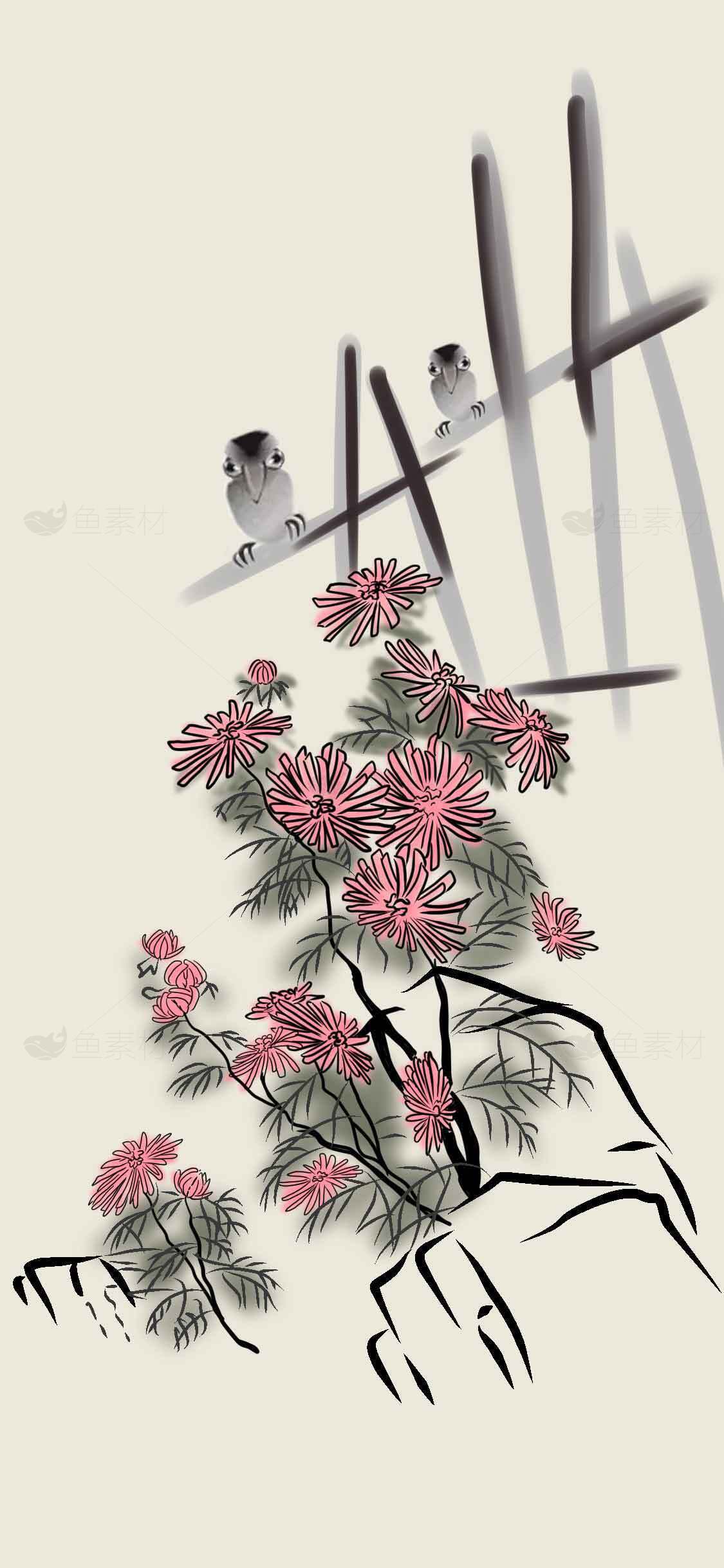 中国传统水墨画：菊花与麻雀的优雅意境素材